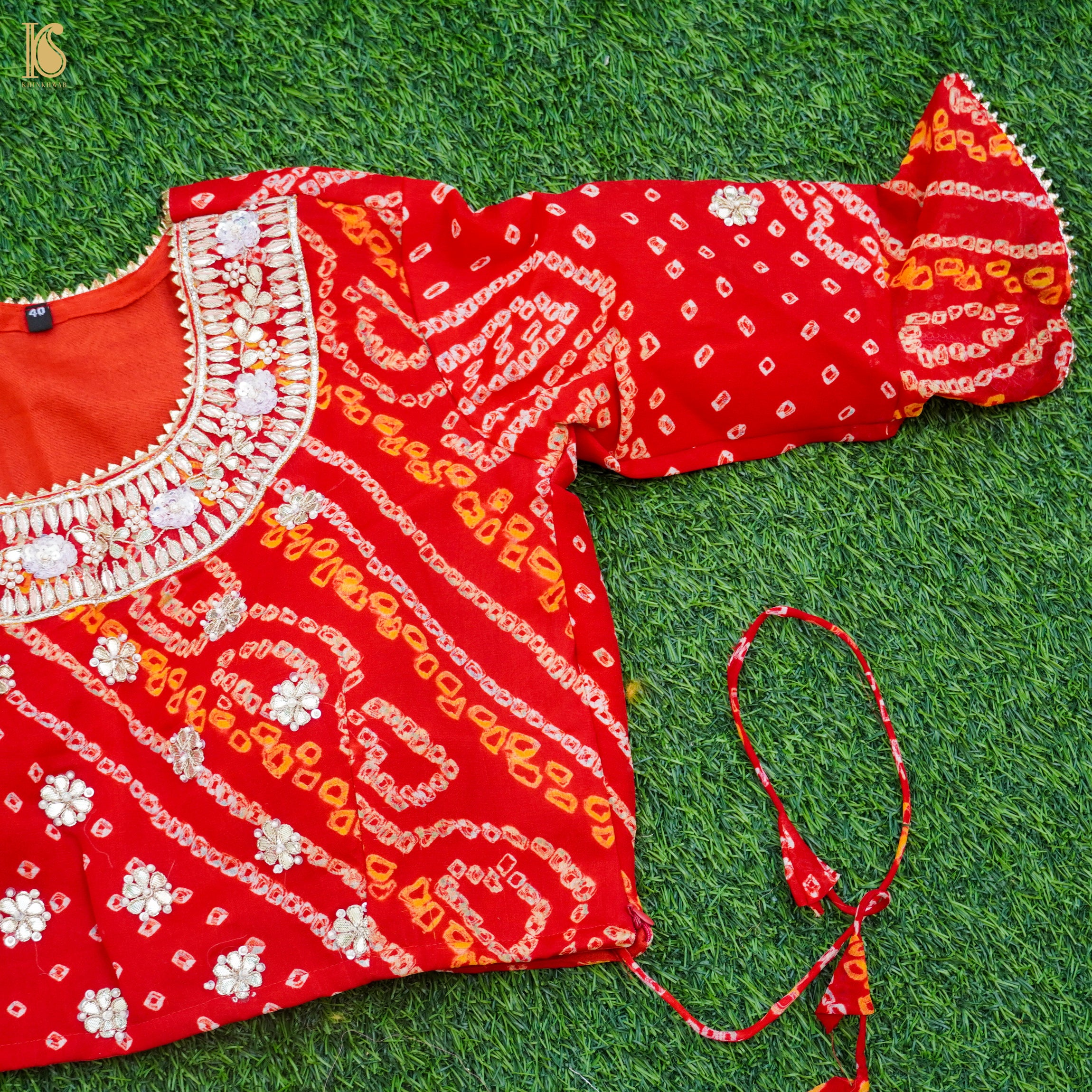 Red Hand Embroidered Pure Georgette Bandhani Stitched Blouse - Khinkhwab