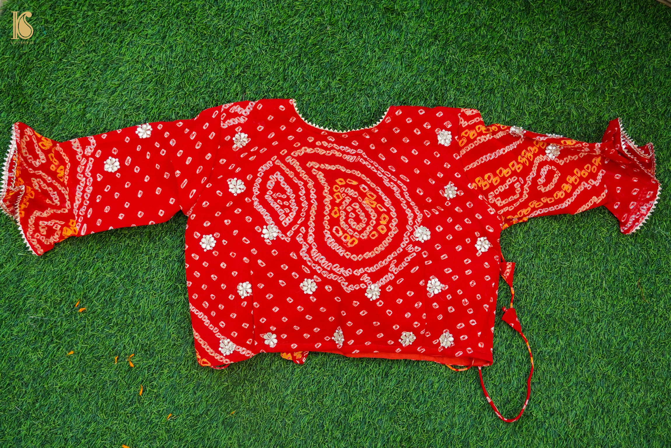 Red Hand Embroidered Pure Georgette Bandhani Stitched Blouse - Khinkhwab