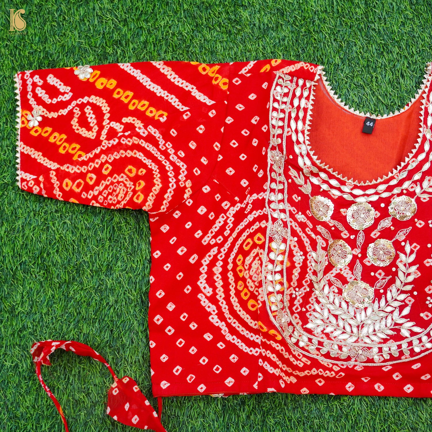 Red Hand Embroidered Pure Georgette Bandhani Stitched Blouse - Khinkhwab