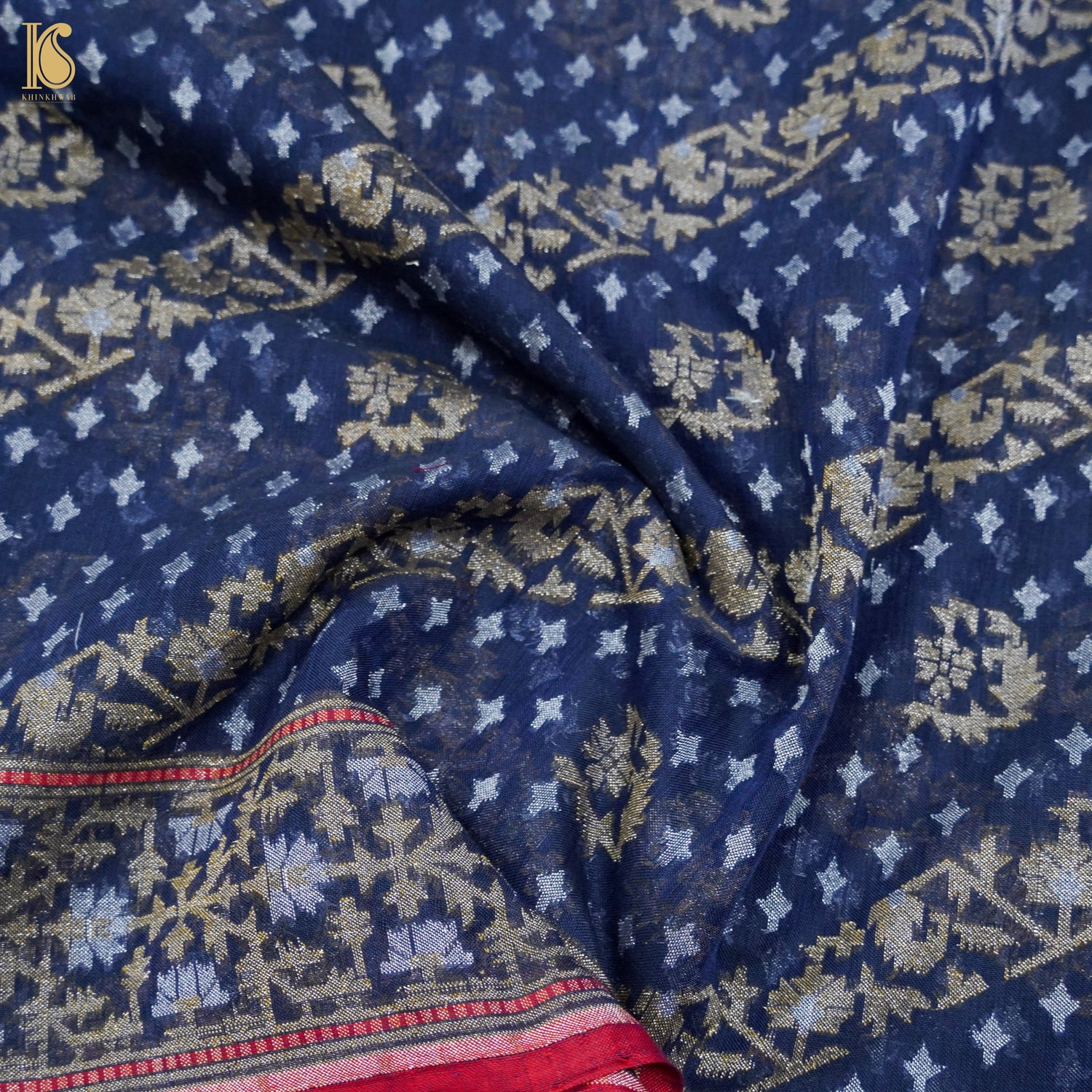 Blue Pure Cotton Handloom Banarasi Jamdani Ektara Saree - Khinkhwab