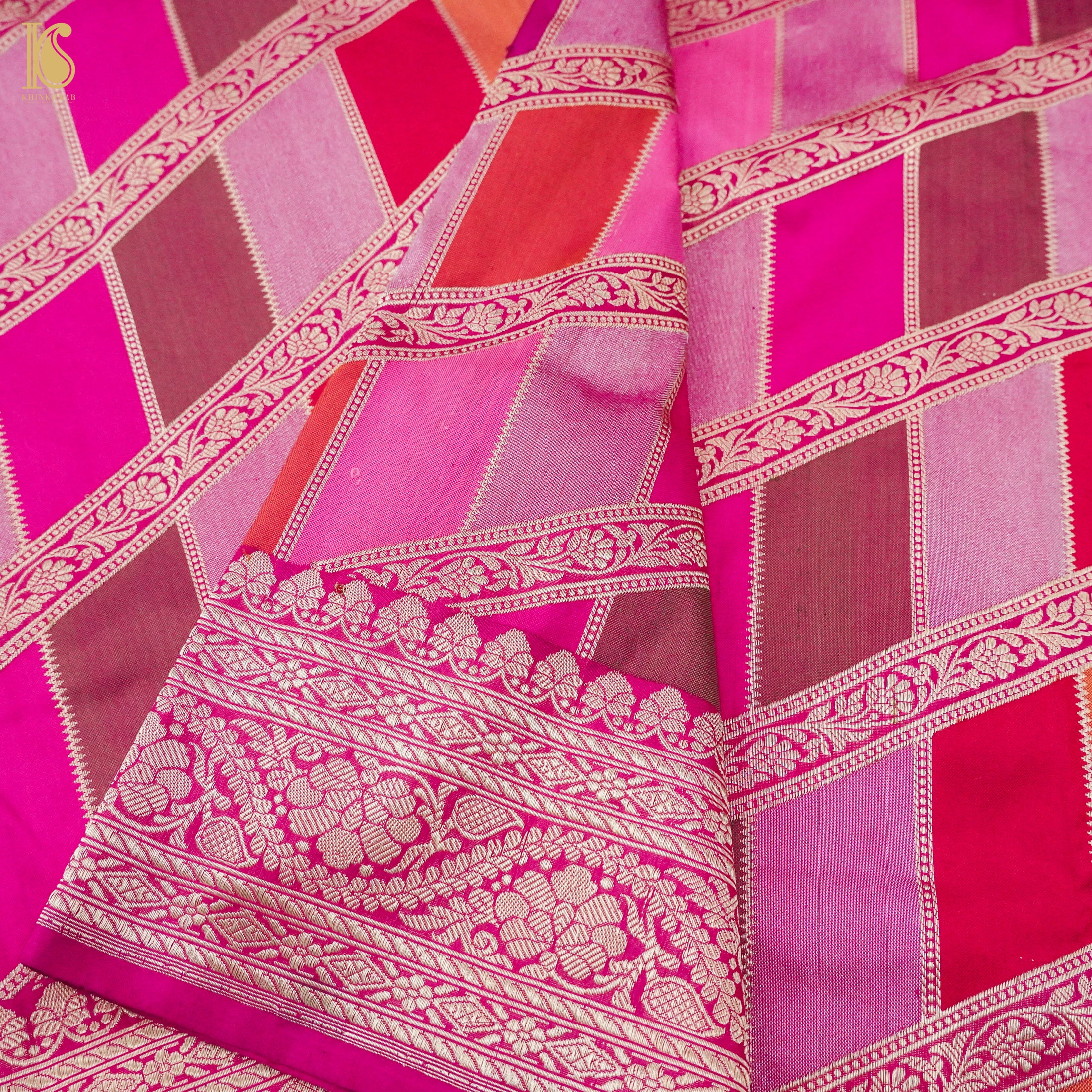 Ruby Pink Handwoven Pure Katan Silk Kadwa Banarasi Rangkat Saree - Khinkhwab