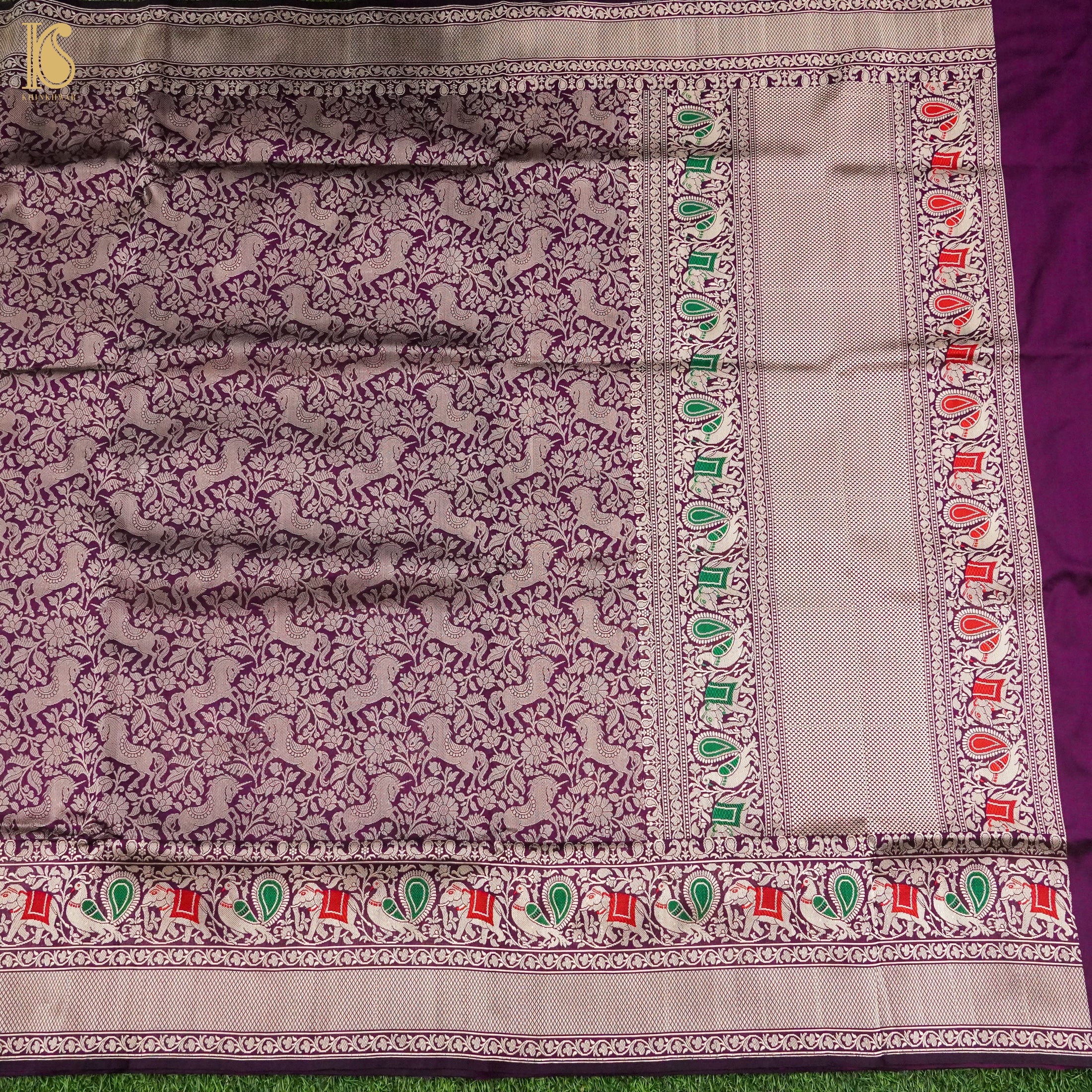 Pompadour Purple Handloom Katan Silk Banarasi Shikargah Saree - Khinkhwab
