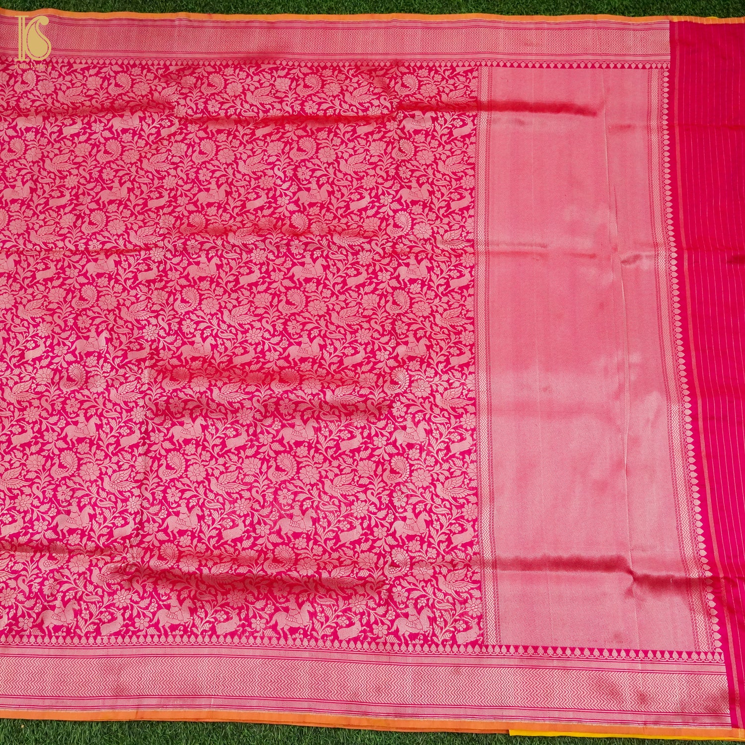 Crimson Pink Handloom Katan Silk Banarasi Shikargah Saree - Khinkhwab