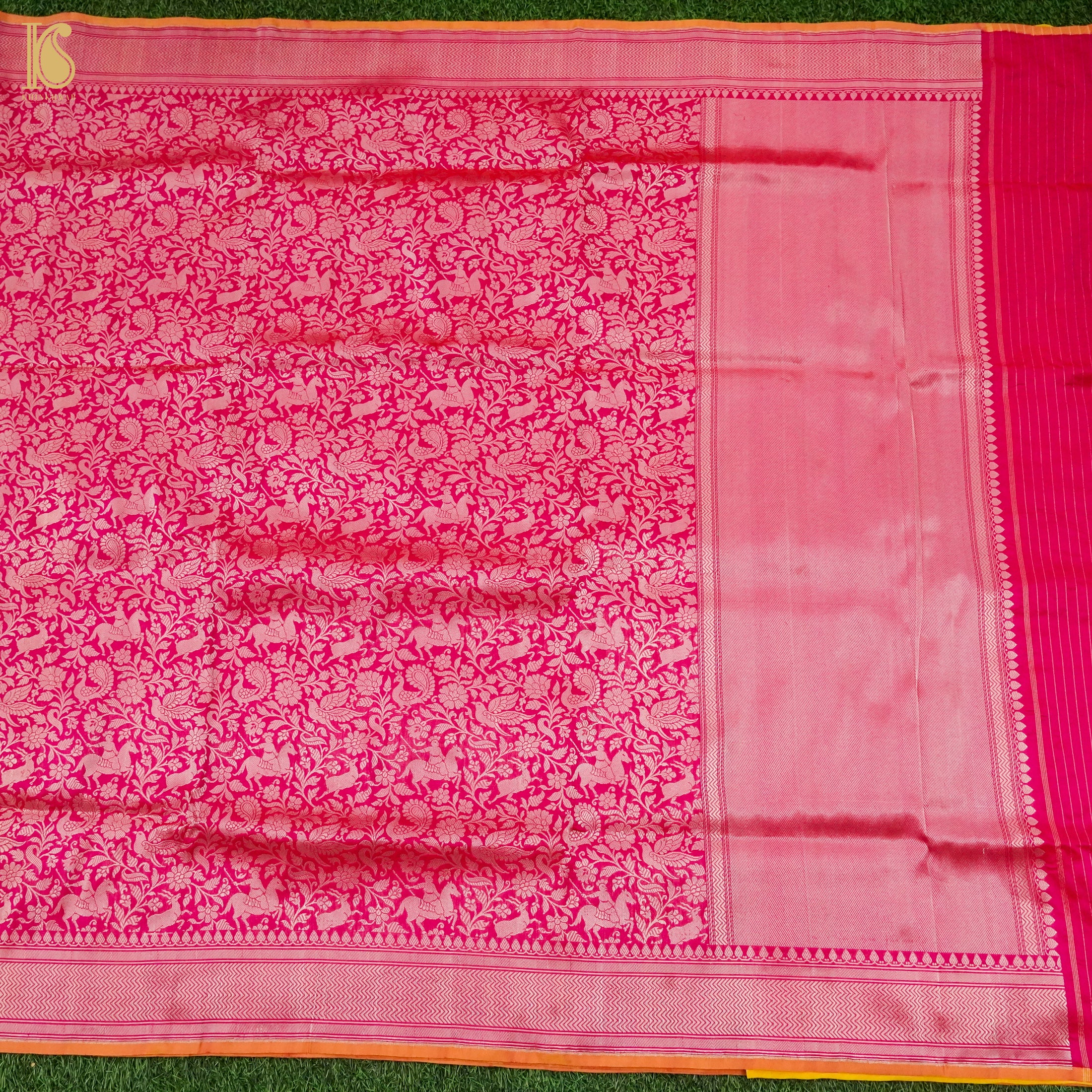 Crimson Pink Handloom Katan Silk Banarasi Shikargah Saree - Khinkhwab