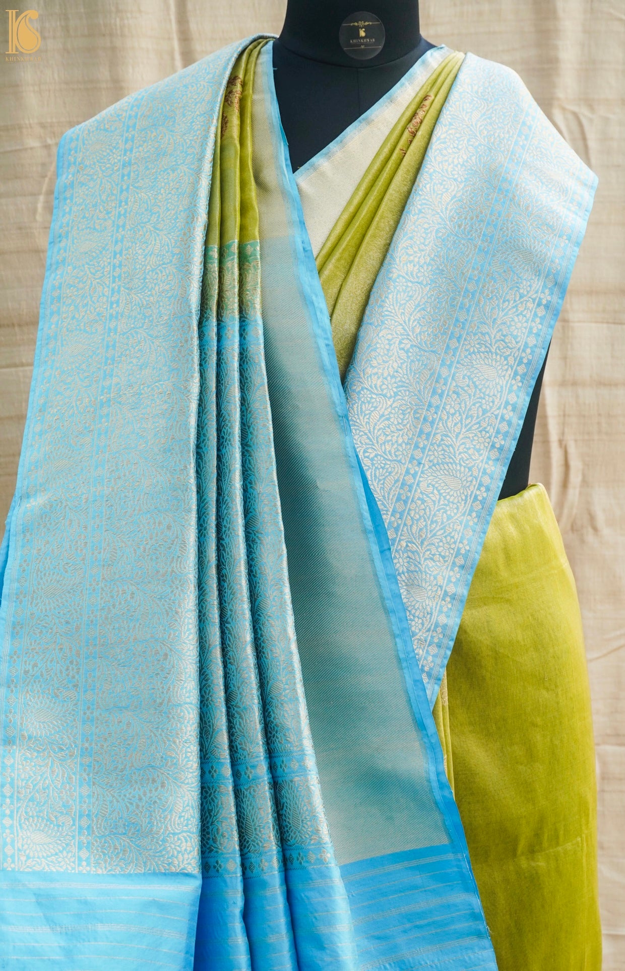 Green & Blue Pure Tissue Silk Handwoven Banarasi Saree - Khinkhwab