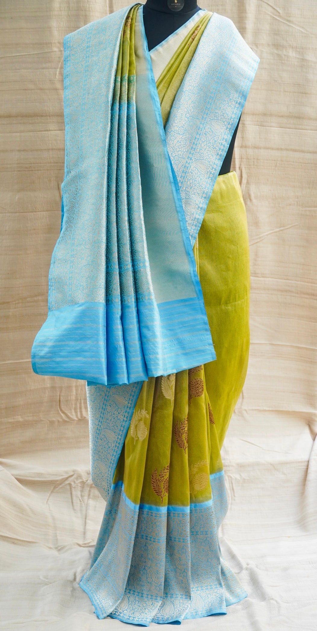 Green & Blue Pure Tissue Silk Handwoven Banarasi Saree - Khinkhwab