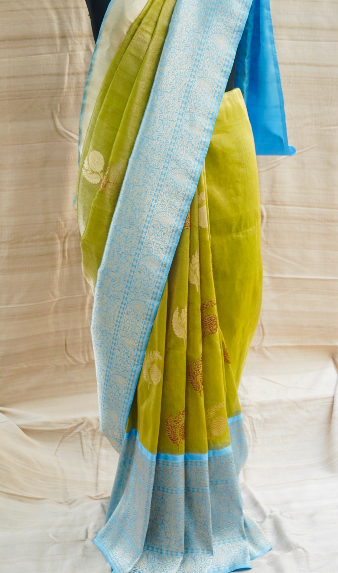 Green & Blue Pure Tissue Silk Handwoven Banarasi Saree - Khinkhwab