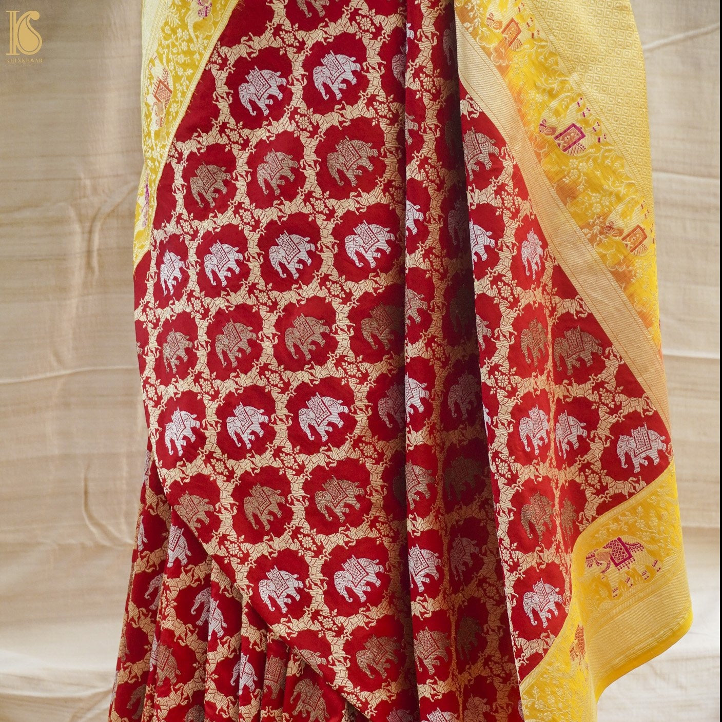 Red Handloom Banarasi Katan Silk Haathi Ghoda Saree - Khinkhwab