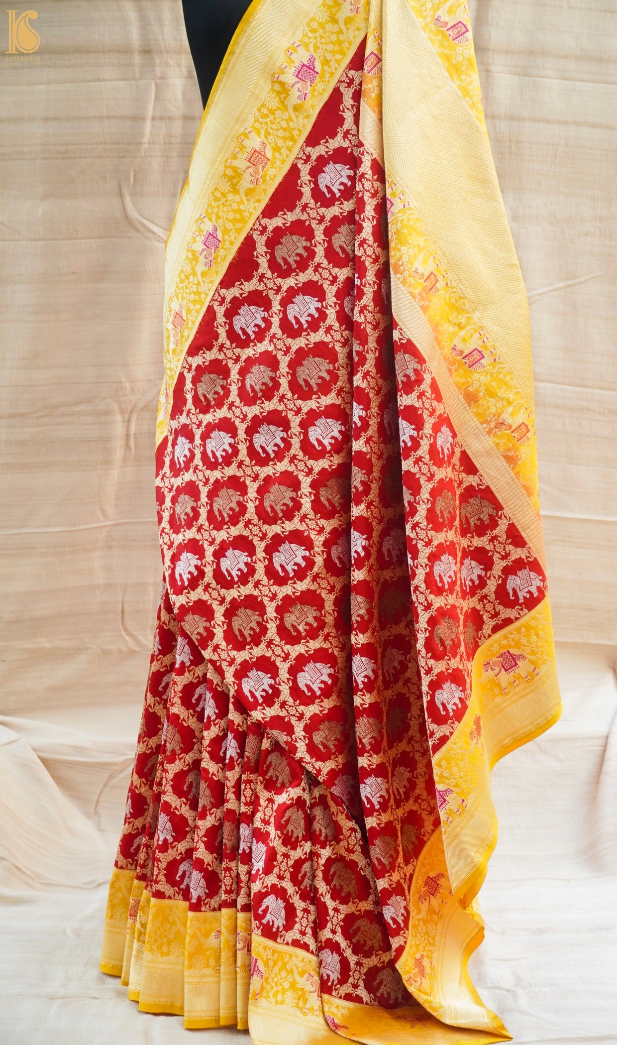 Red Handloom Banarasi Katan Silk Haathi Ghoda Saree - Khinkhwab