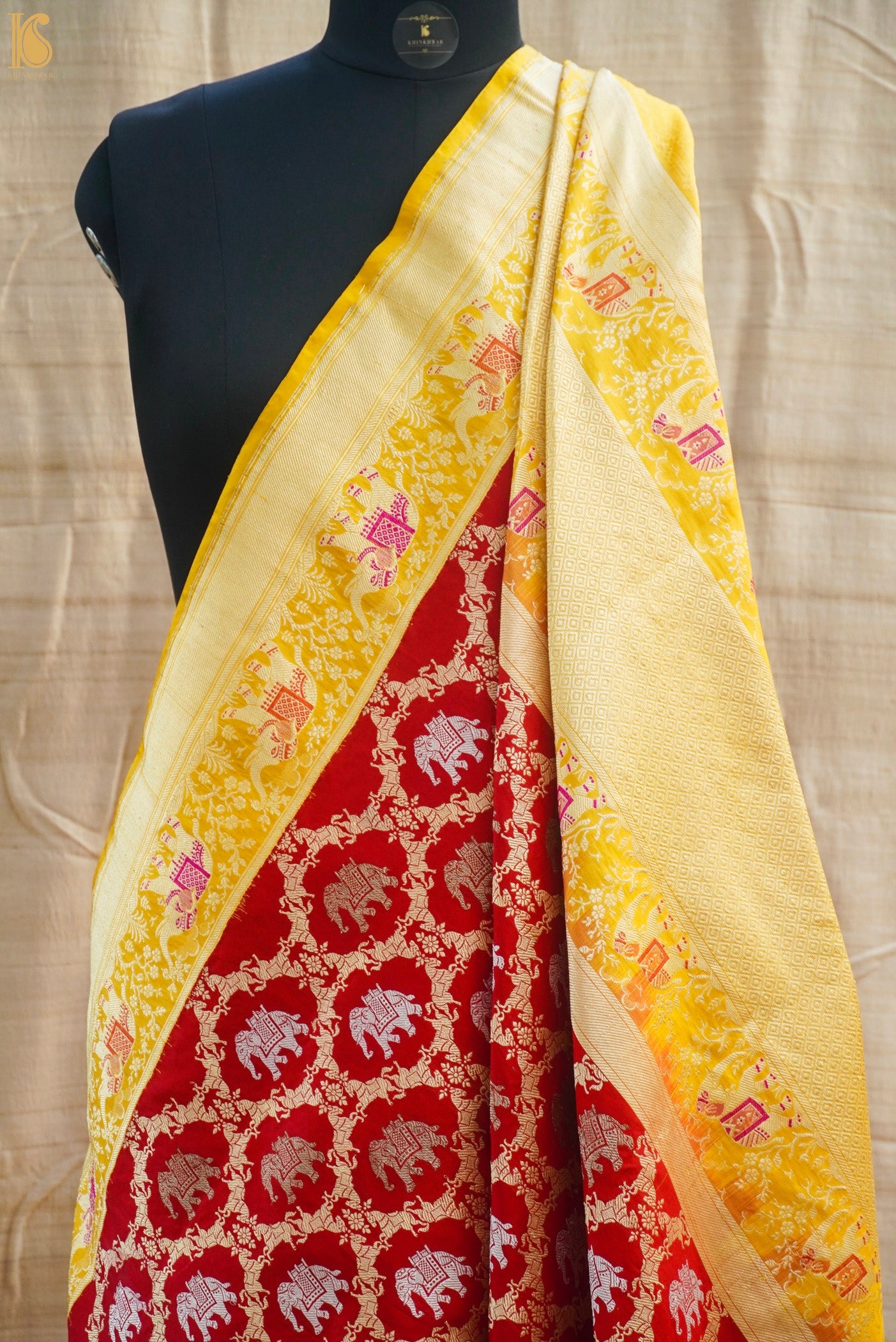 Red Handloom Banarasi Katan Silk Haathi Ghoda Saree - Khinkhwab