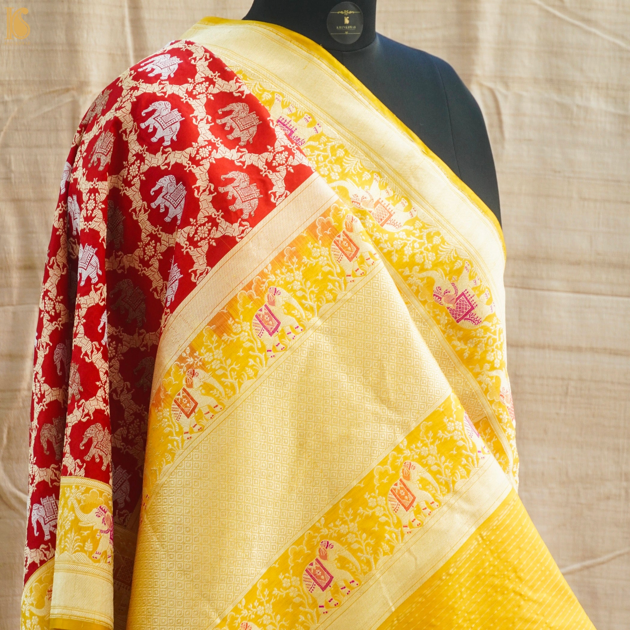 Red Handloom Banarasi Katan Silk Haathi Ghoda Saree - Khinkhwab