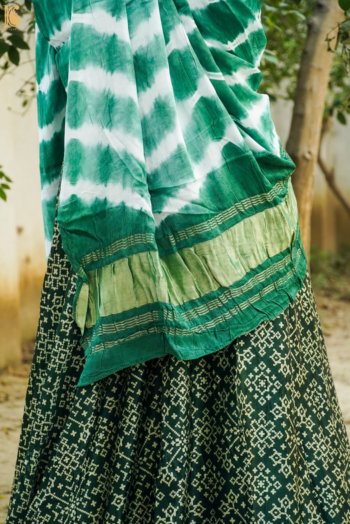 Plantation Green Pure Gajji Silk Patola Ajrakh Lehenga Set - Khinkhwab