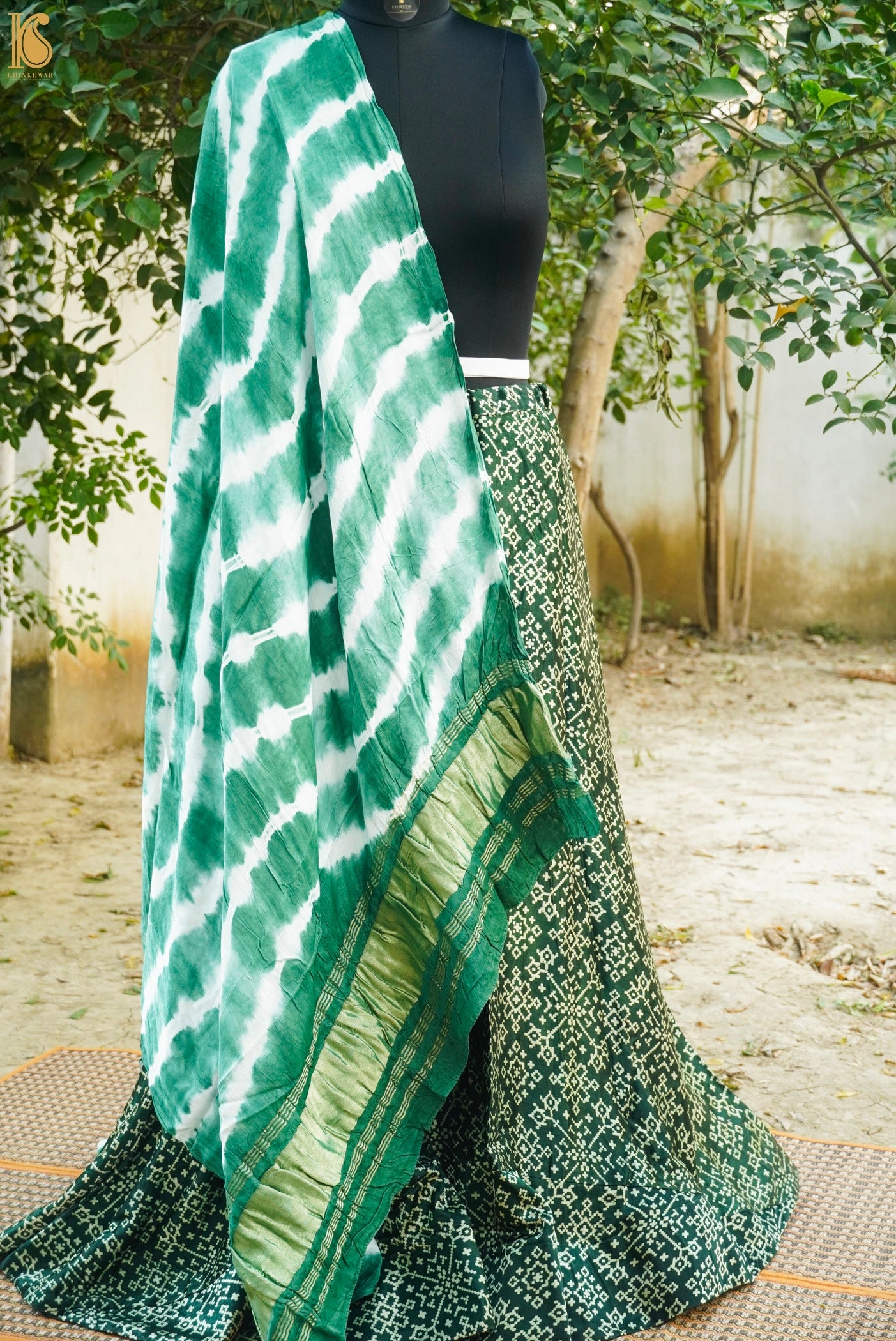 Plantation Green Pure Gajji Silk Patola Ajrakh Lehenga Set - Khinkhwab