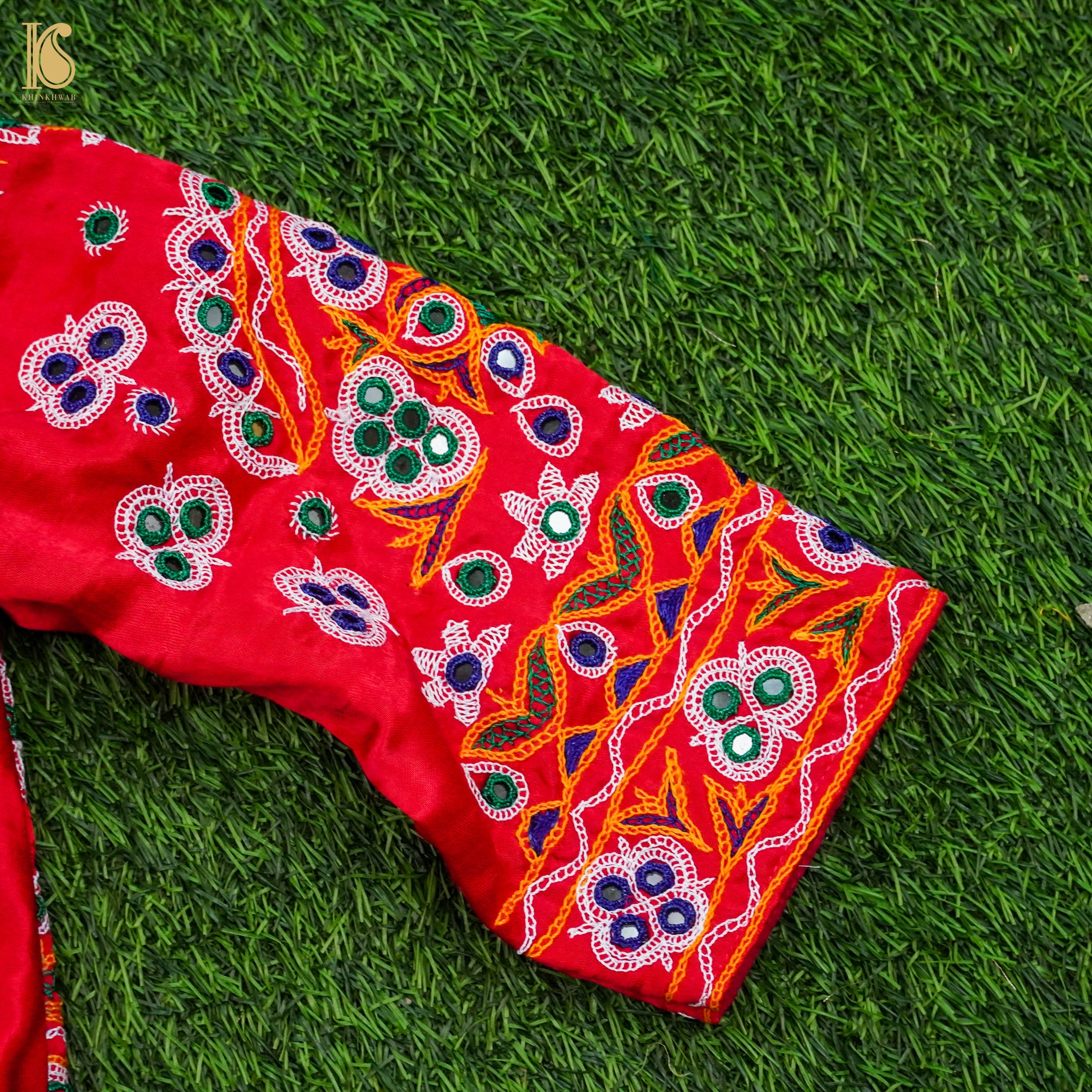 Crimson Red Pure Mashru Silk Mirror Work Embroidery Stiched Blouse - Khinkhwab