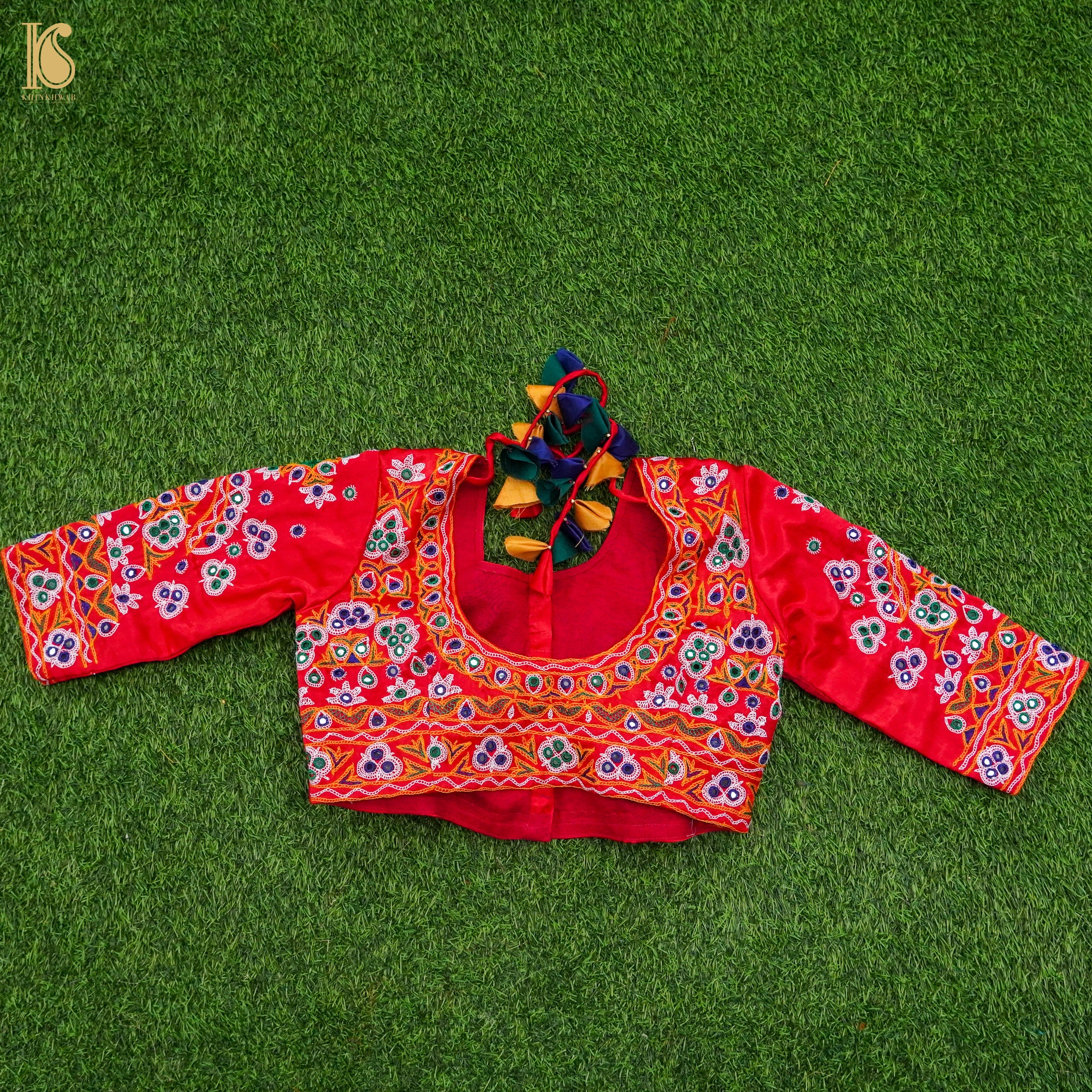 Crimson Red Pure Mashru Silk Mirror Work Embroidery Stiched Blouse - Khinkhwab