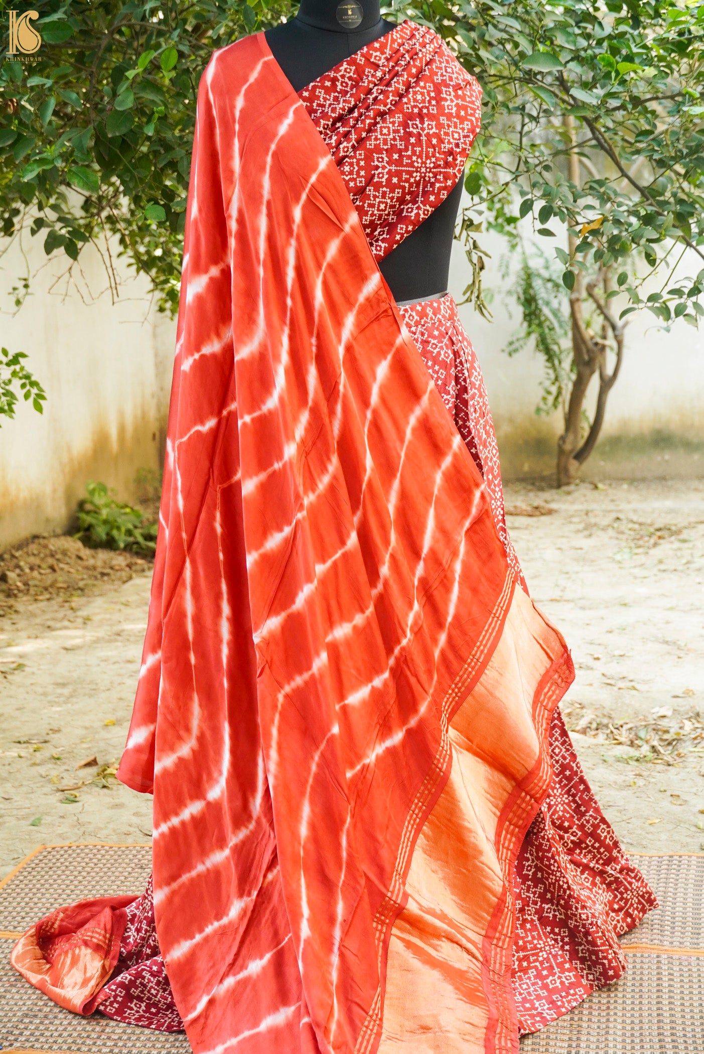 Red Pure Gajji Silk Patola Ajrakh Lehenga Set - Khinkhwab