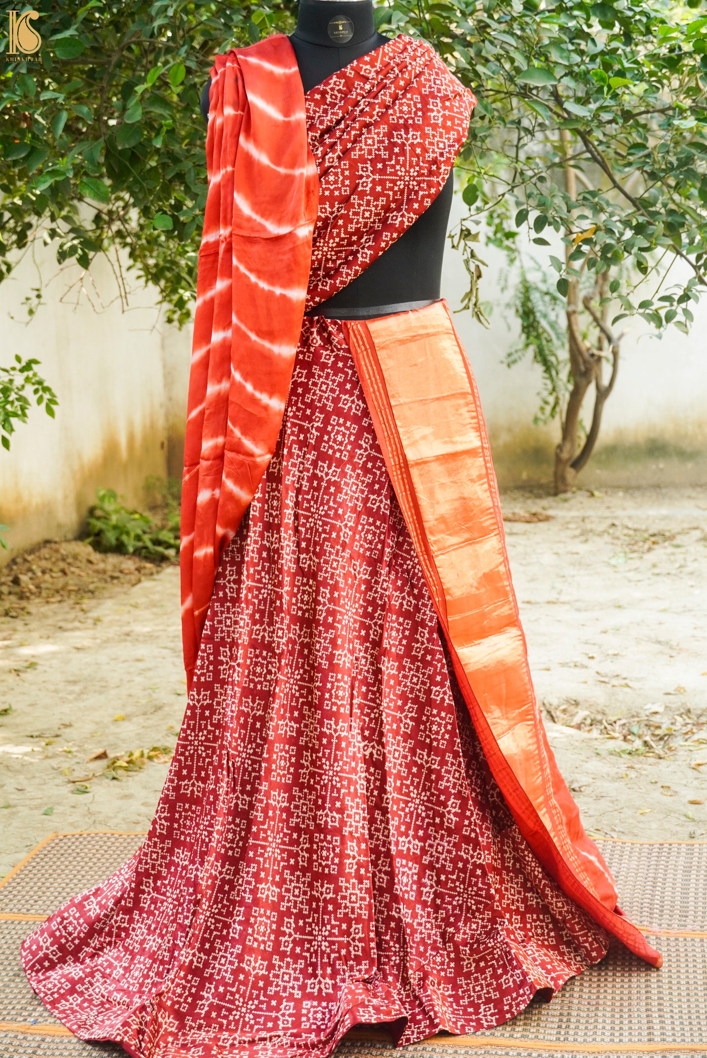 Red Pure Gajji Silk Patola Ajrakh Lehenga Set - Khinkhwab