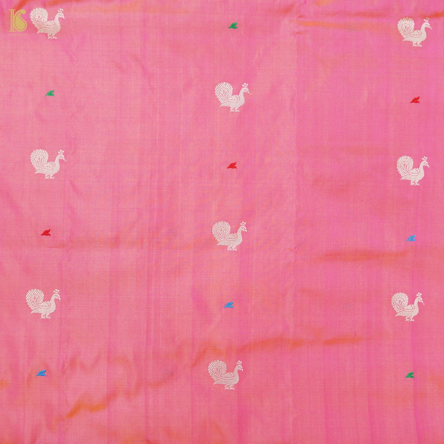 Froly Pink Handwoven Pure Katan Silk Banarasi Peacock Kadwa Fabric - Khinkhwab