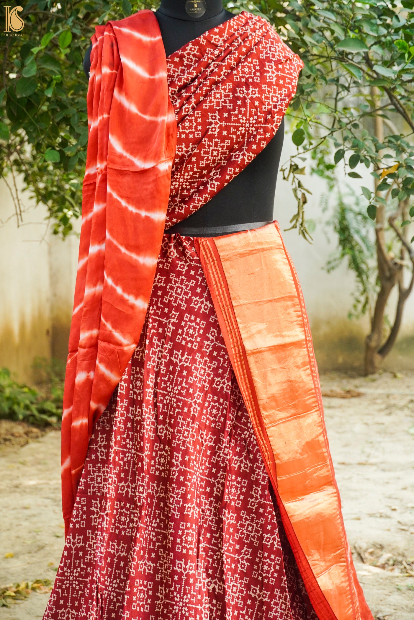 Red Pure Gajji Silk Patola Ajrakh Lehenga Set - Khinkhwab