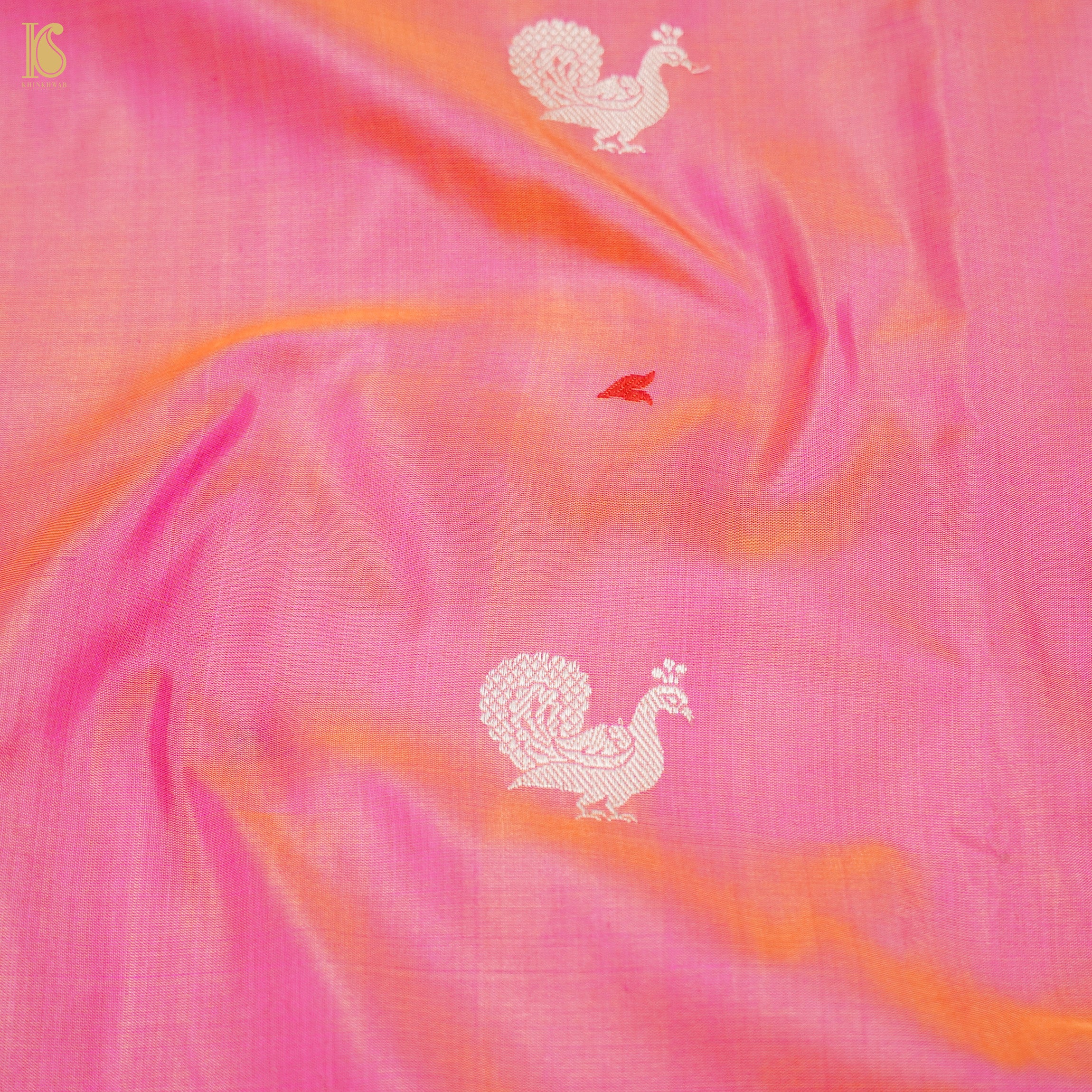 Froly Pink Handwoven Pure Katan Silk Banarasi Peacock Kadwa Fabric - Khinkhwab