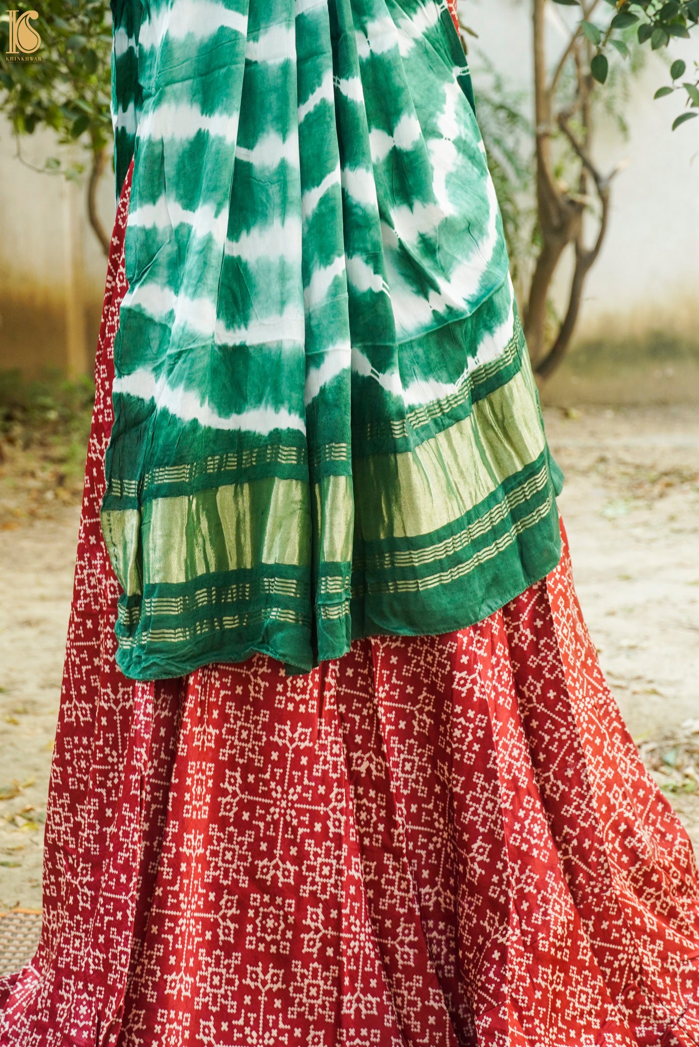 Green & Red Pure Gajji Silk Patola Ajrakh Lehenga Set - Khinkhwab