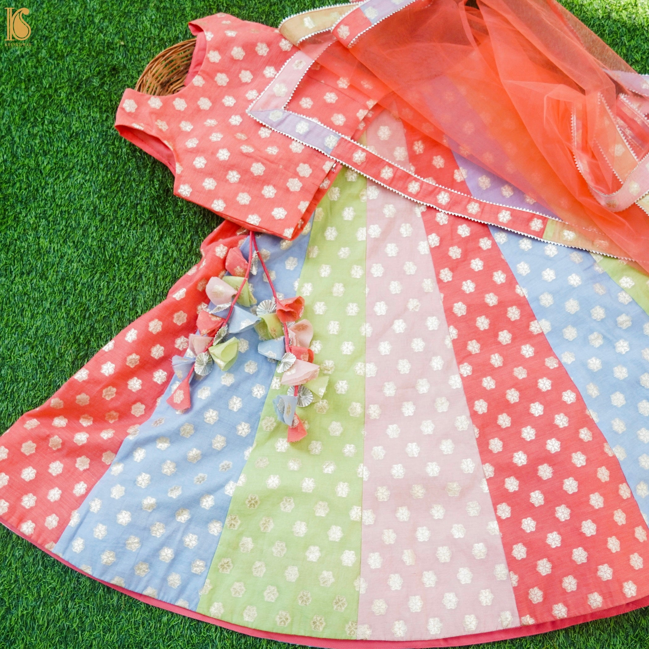 Multicolor Pure Chanderi Banarasi Kids StitchednLehenga Set - Khinkhwab
