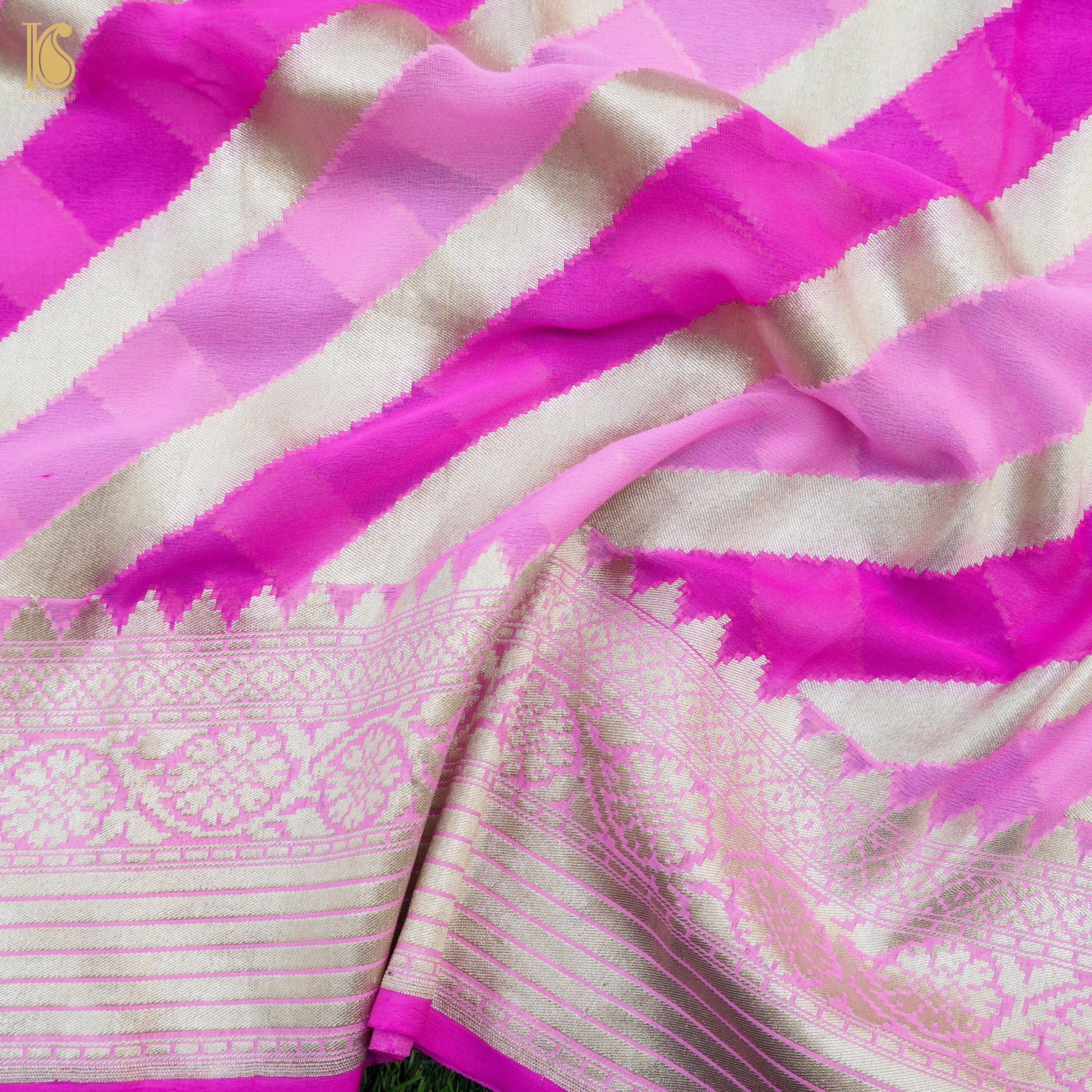 Pink Pure Georgette Handloom Banarasi Stripes Dupatta - Khinkhwab