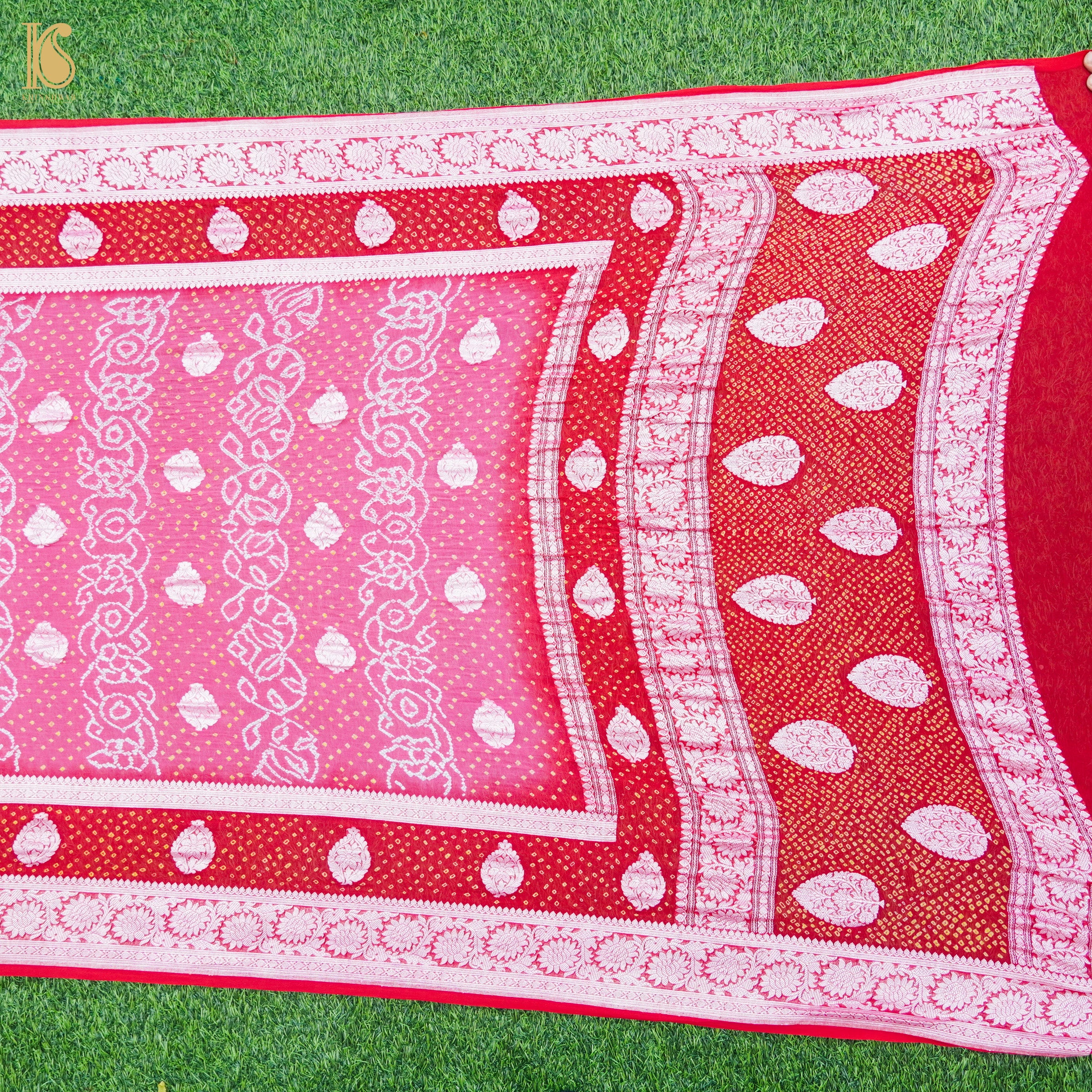 French Rose Pure Georgette Handloom Banarasi Bandhani Saree - Khinkhwab