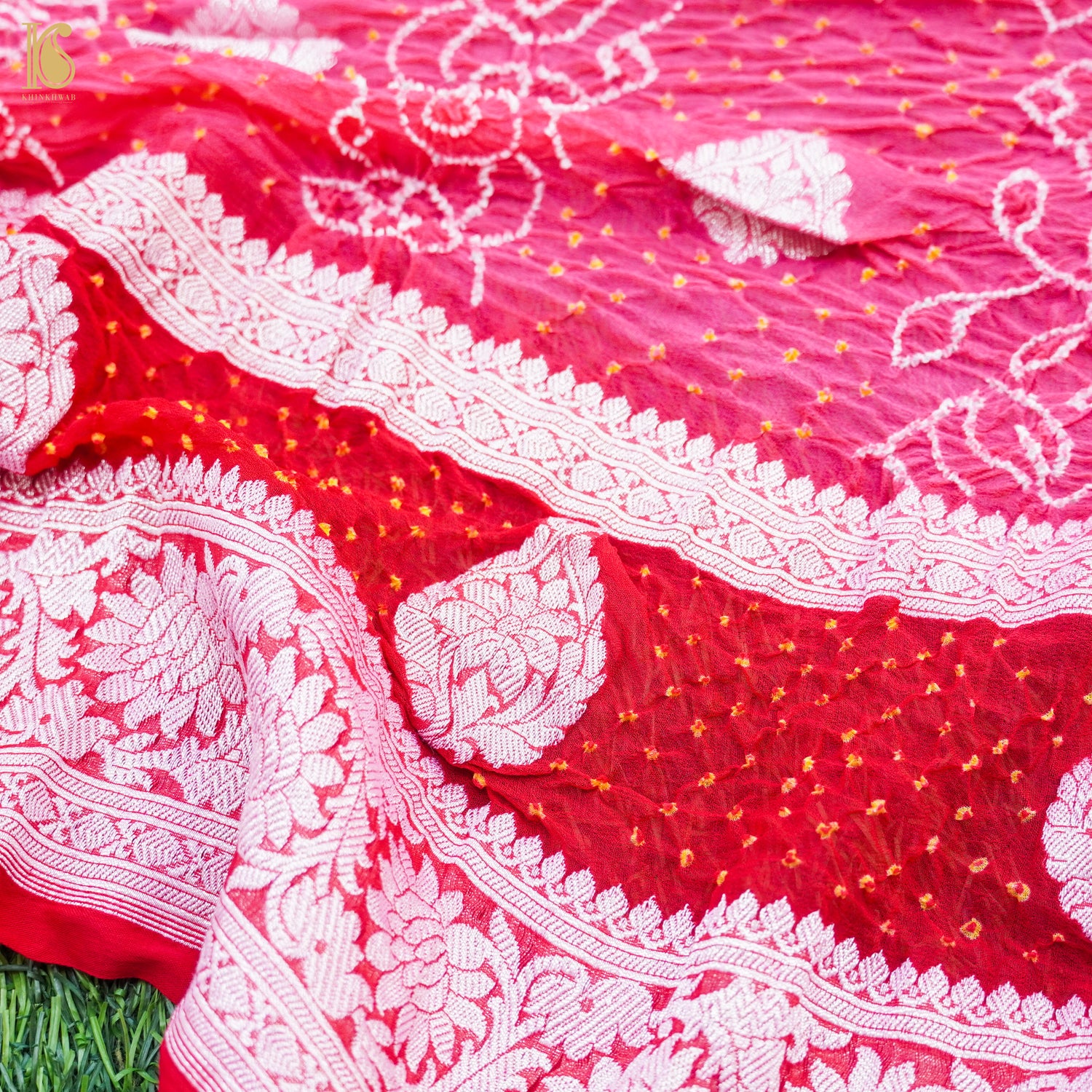 French Rose Pure Georgette Handloom Banarasi Bandhani Saree - Khinkhwab