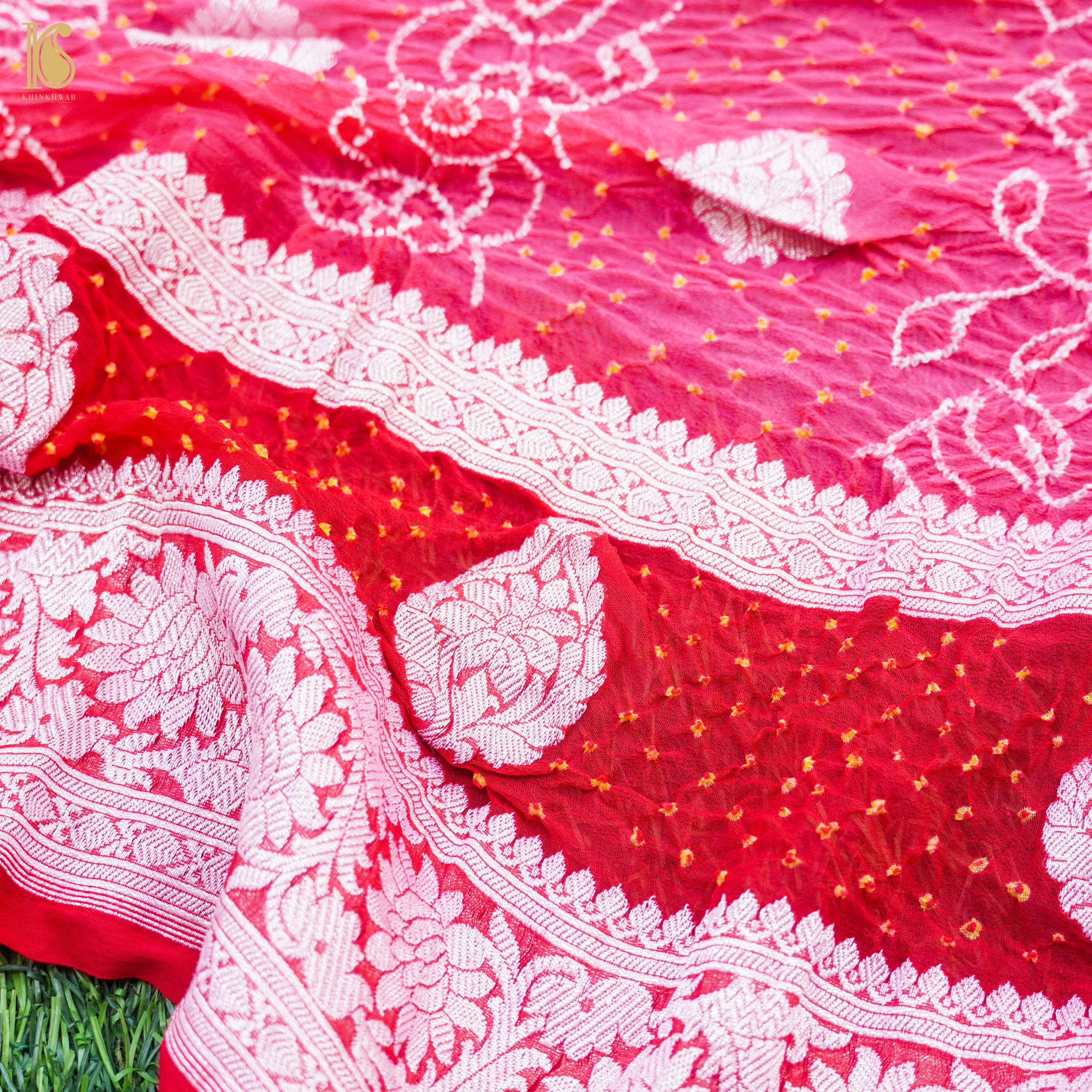 French Rose Pure Georgette Handloom Banarasi Bandhani Saree - Khinkhwab