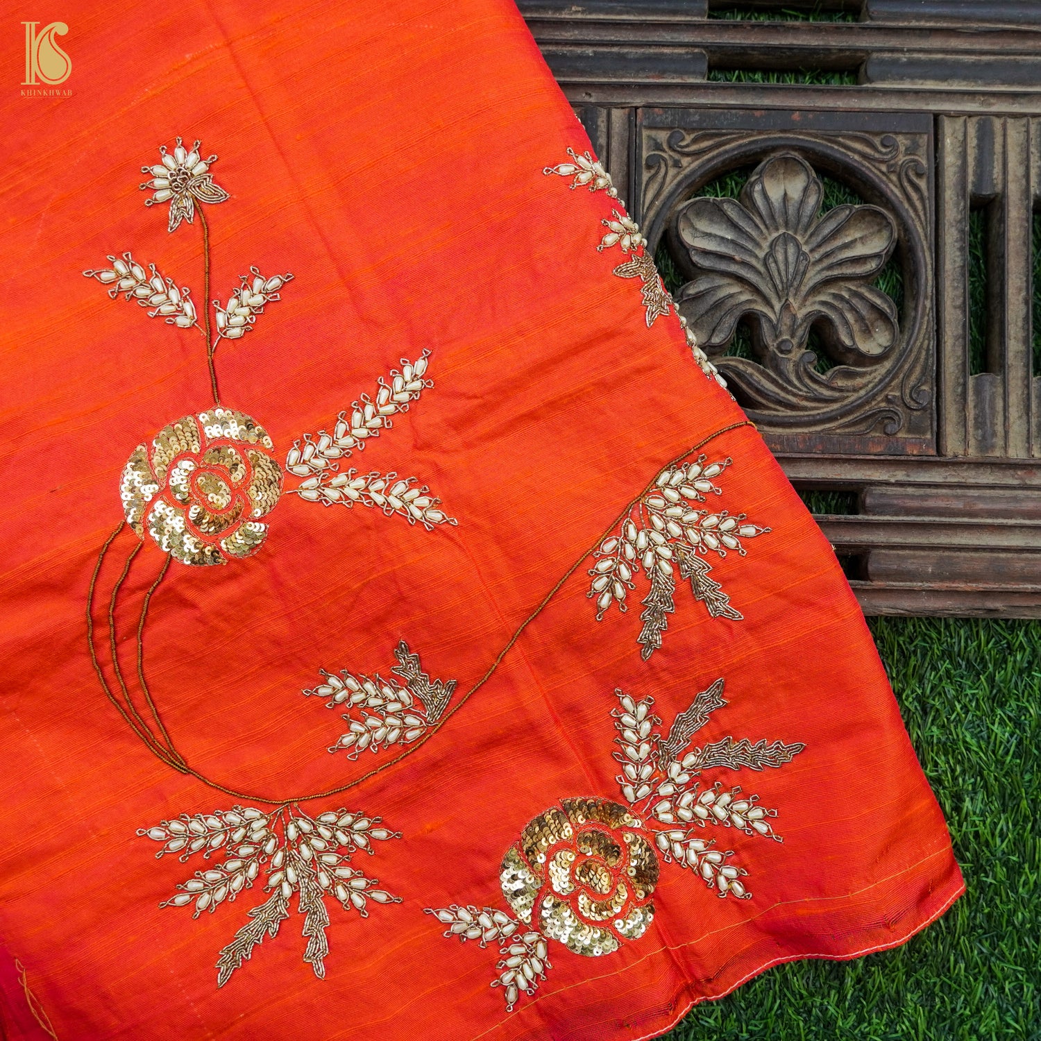 Hand Embroidered Pure Raw Silk Orange Blouse Fabric - Khinkhwab