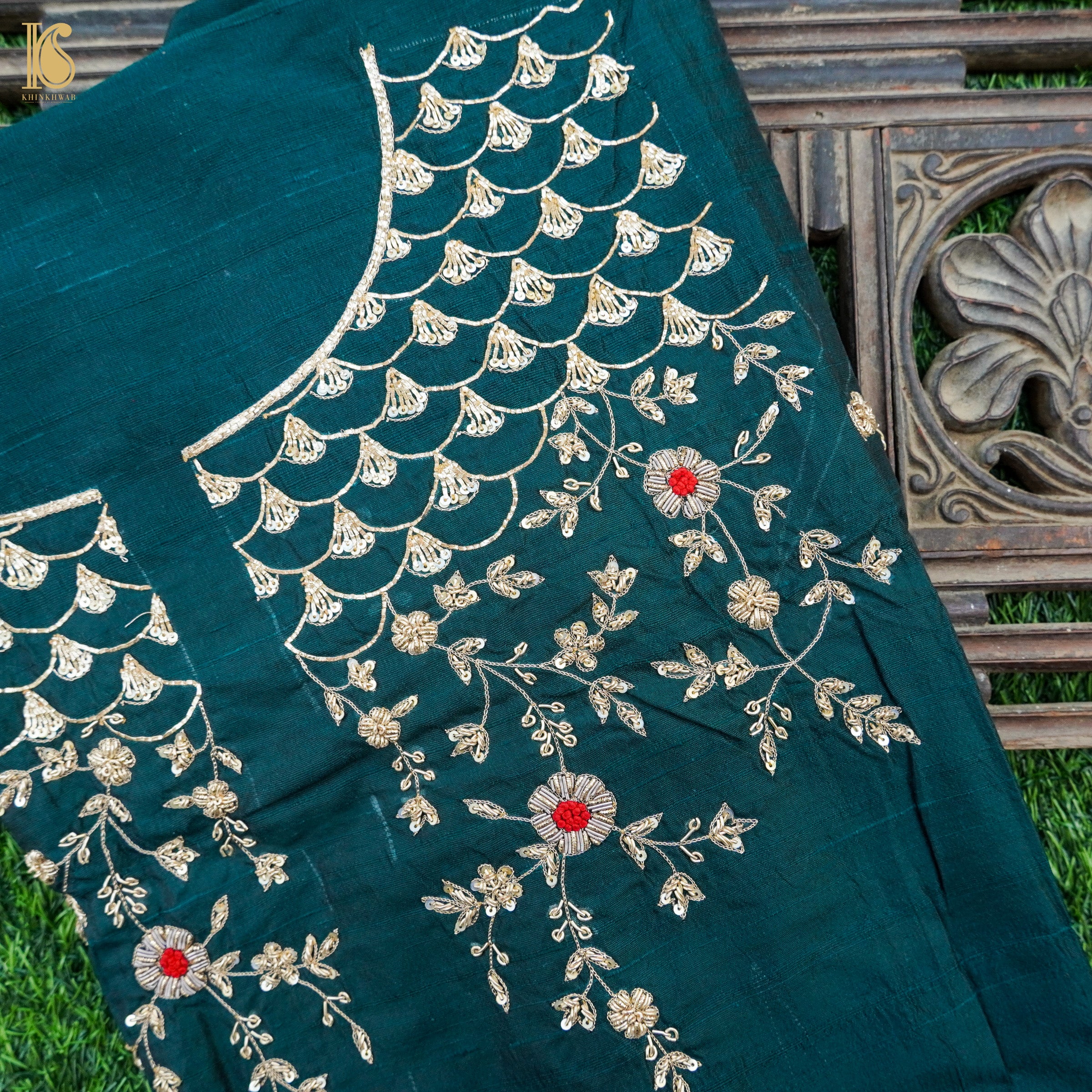 Hand Embroidered Pure Raw Silk Teal Blue Blouse Fabric - Khinkhwab
