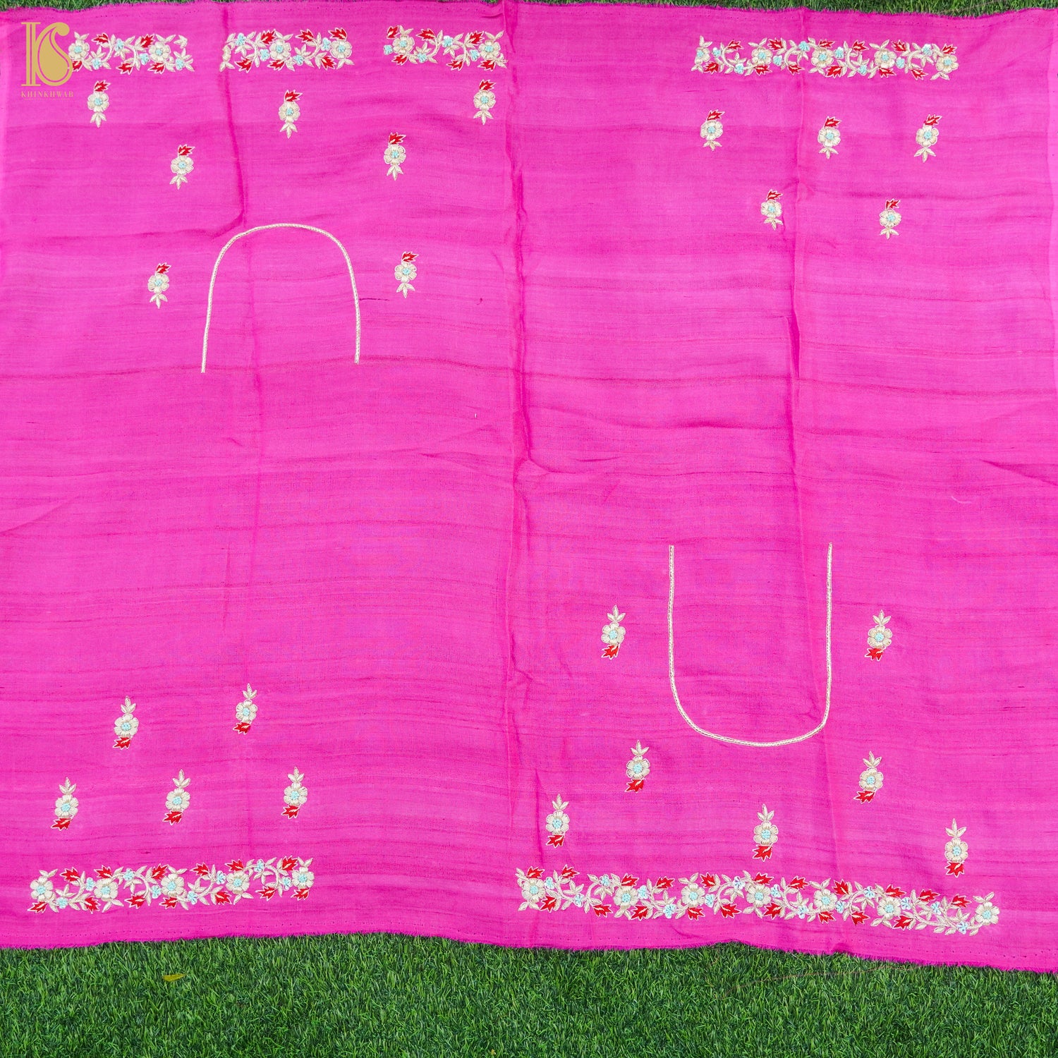 Hand Embroidered Pure Raw Silk Pink Blouse Fabric - Khinkhwab