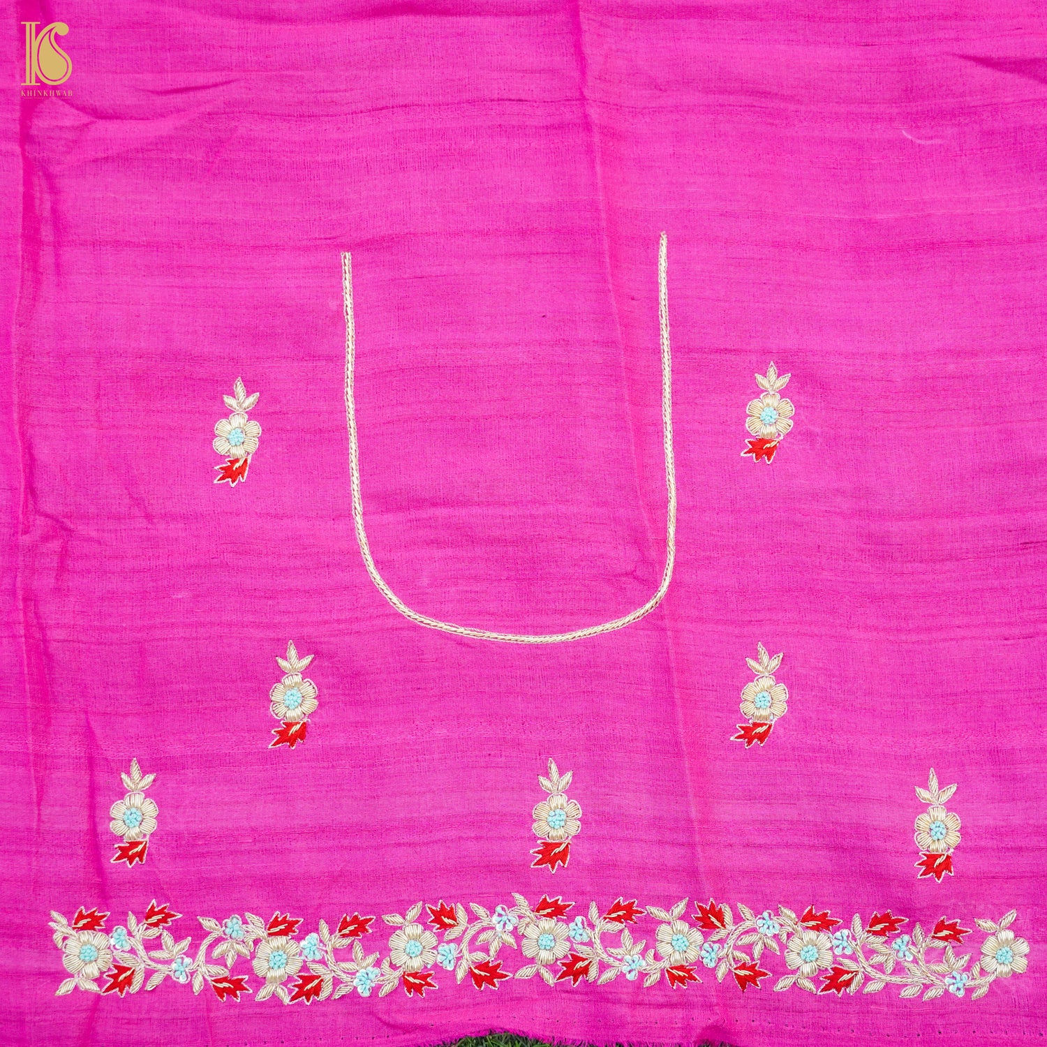 Hand Embroidered Pure Raw Silk Pink Blouse Fabric - Khinkhwab