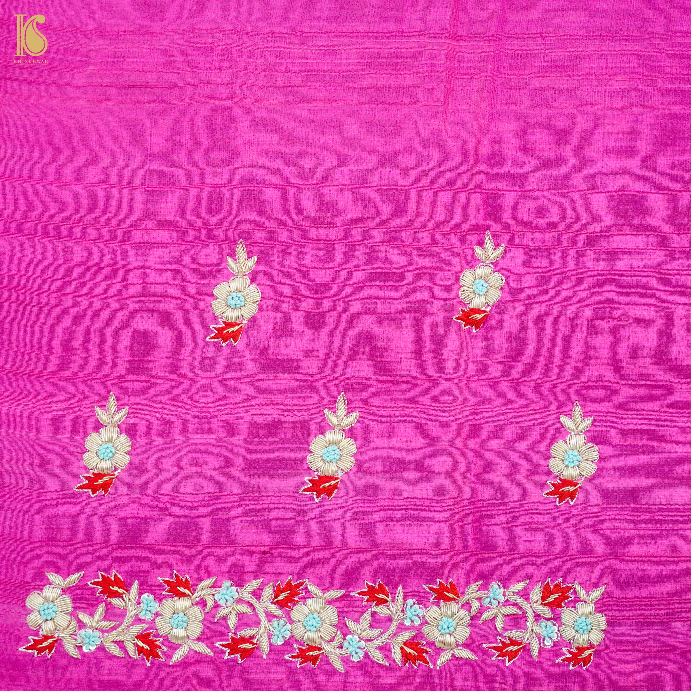 Hand Embroidered Pure Raw Silk Pink Blouse Fabric - Khinkhwab