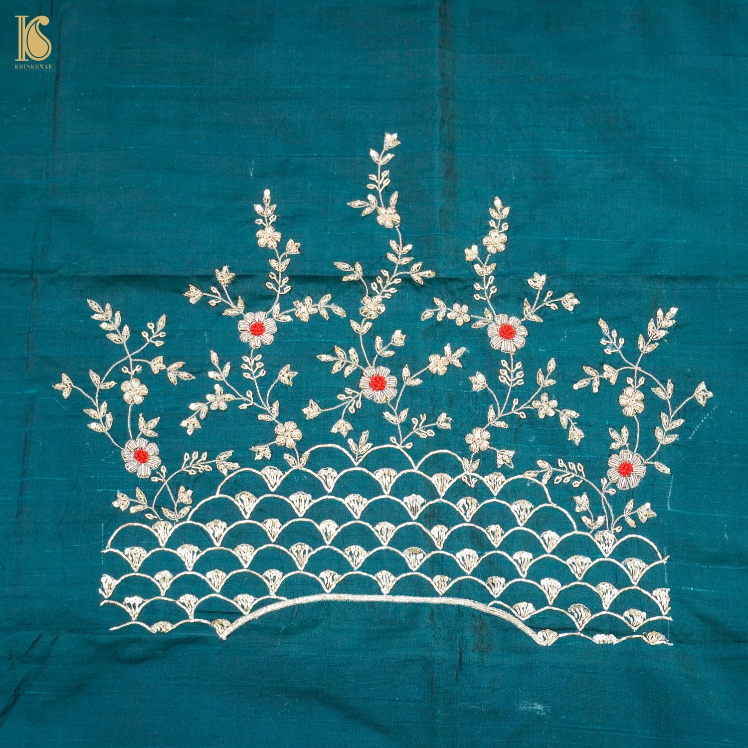Hand Embroidered Pure Raw Silk Teal Blue Blouse Fabric - Khinkhwab