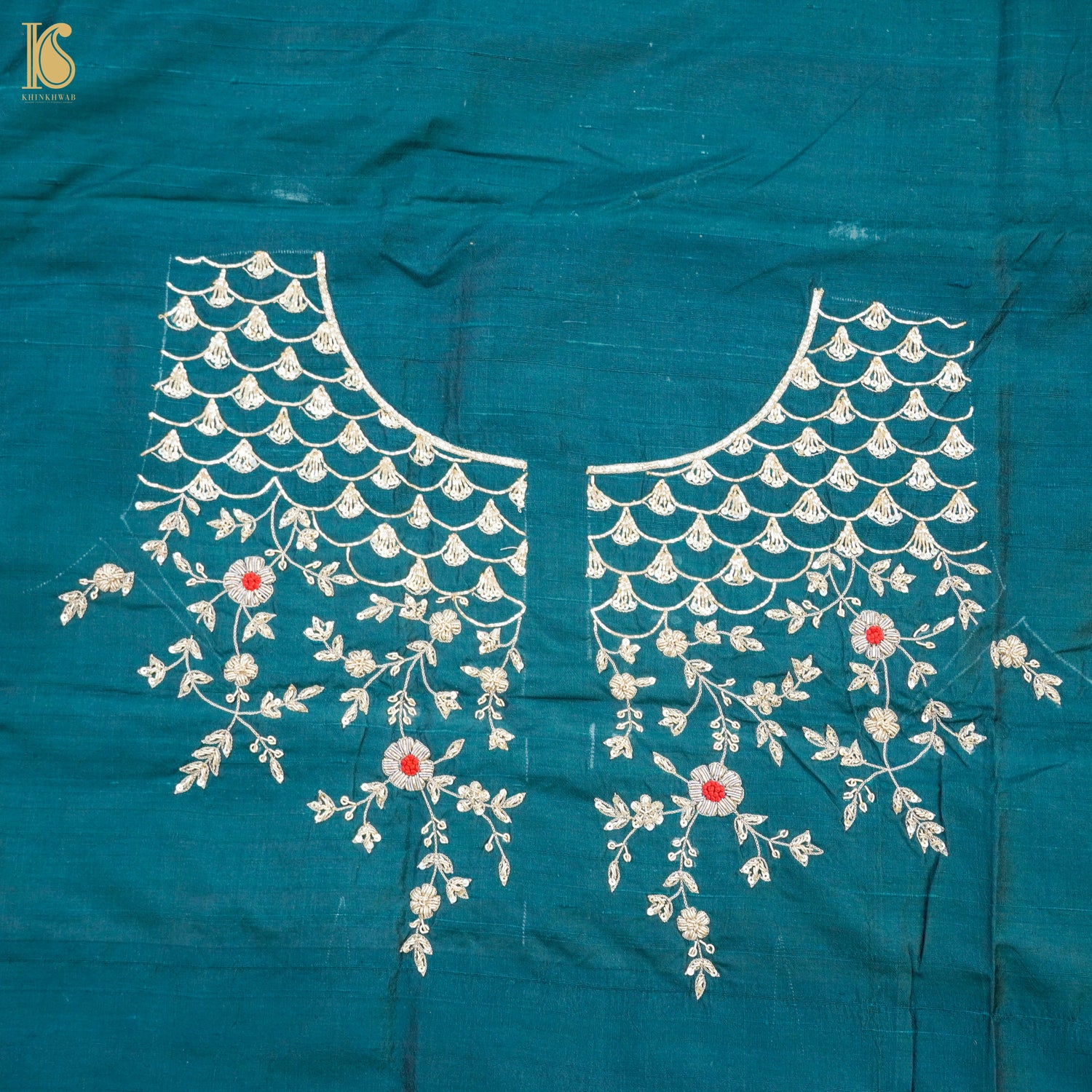 Hand Embroidered Pure Raw Silk Teal Blue Blouse Fabric - Khinkhwab