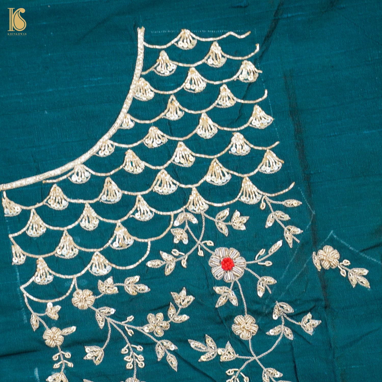Hand Embroidered Pure Raw Silk Teal Blue Blouse Fabric - Khinkhwab
