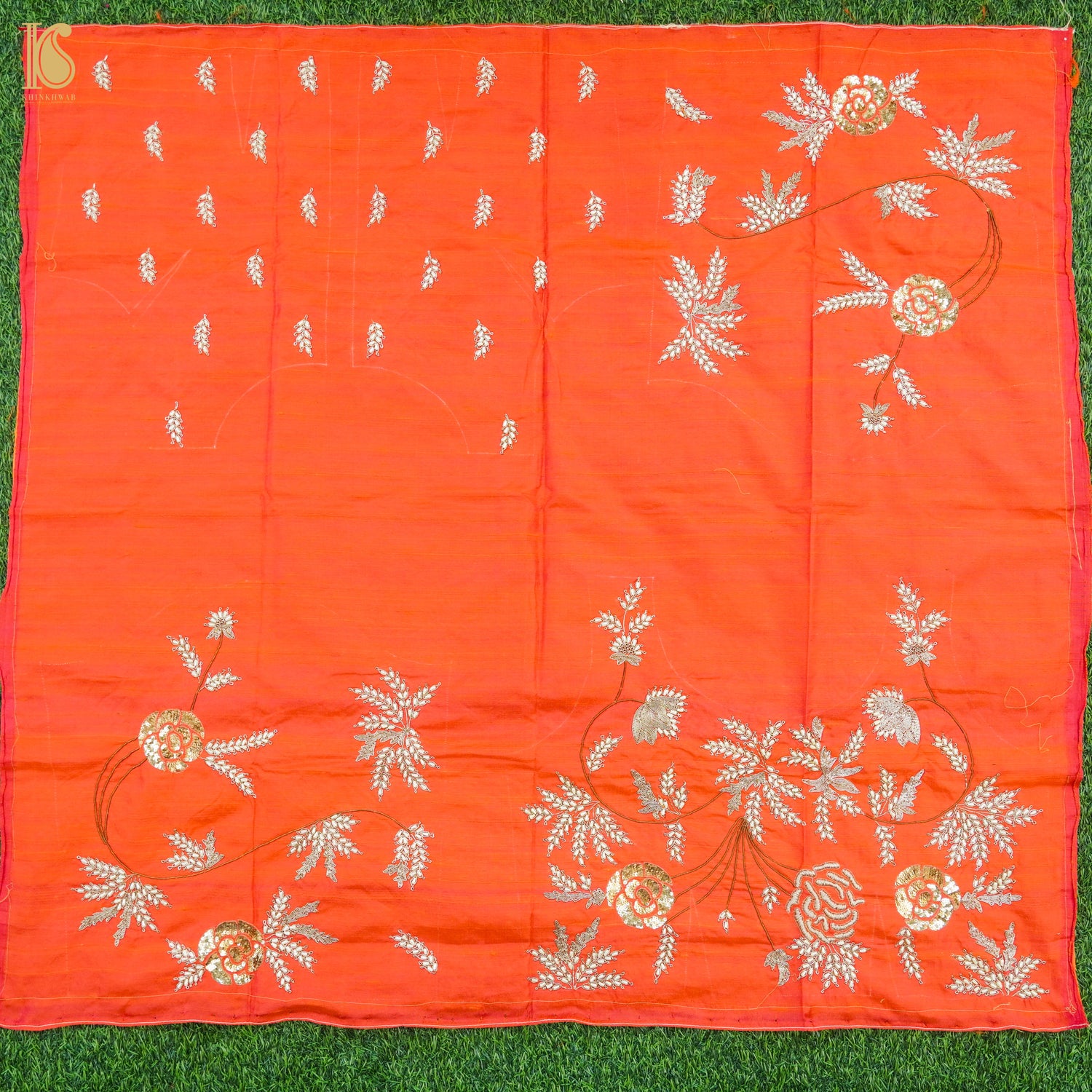 Hand Embroidered Pure Raw Silk Orange Blouse Fabric - Khinkhwab
