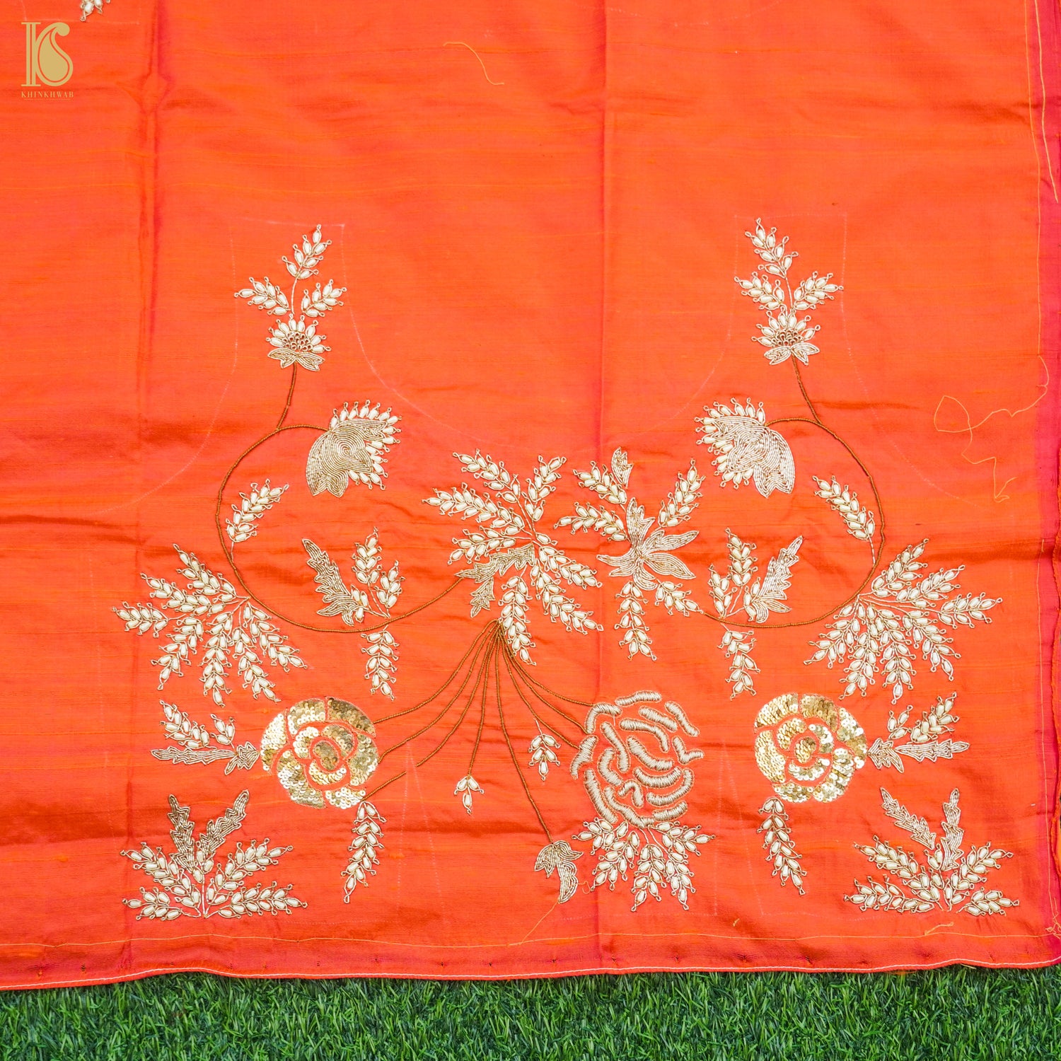 Hand Embroidered Pure Raw Silk Orange Blouse Fabric - Khinkhwab