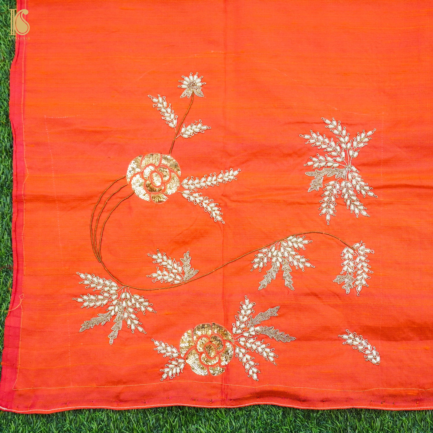 Hand Embroidered Pure Raw Silk Orange Blouse Fabric - Khinkhwab