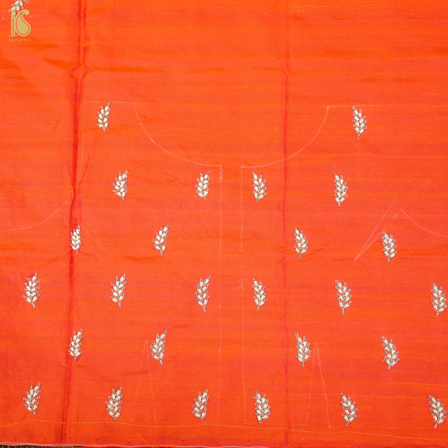 Hand Embroidered Pure Raw Silk Orange Blouse Fabric - Khinkhwab