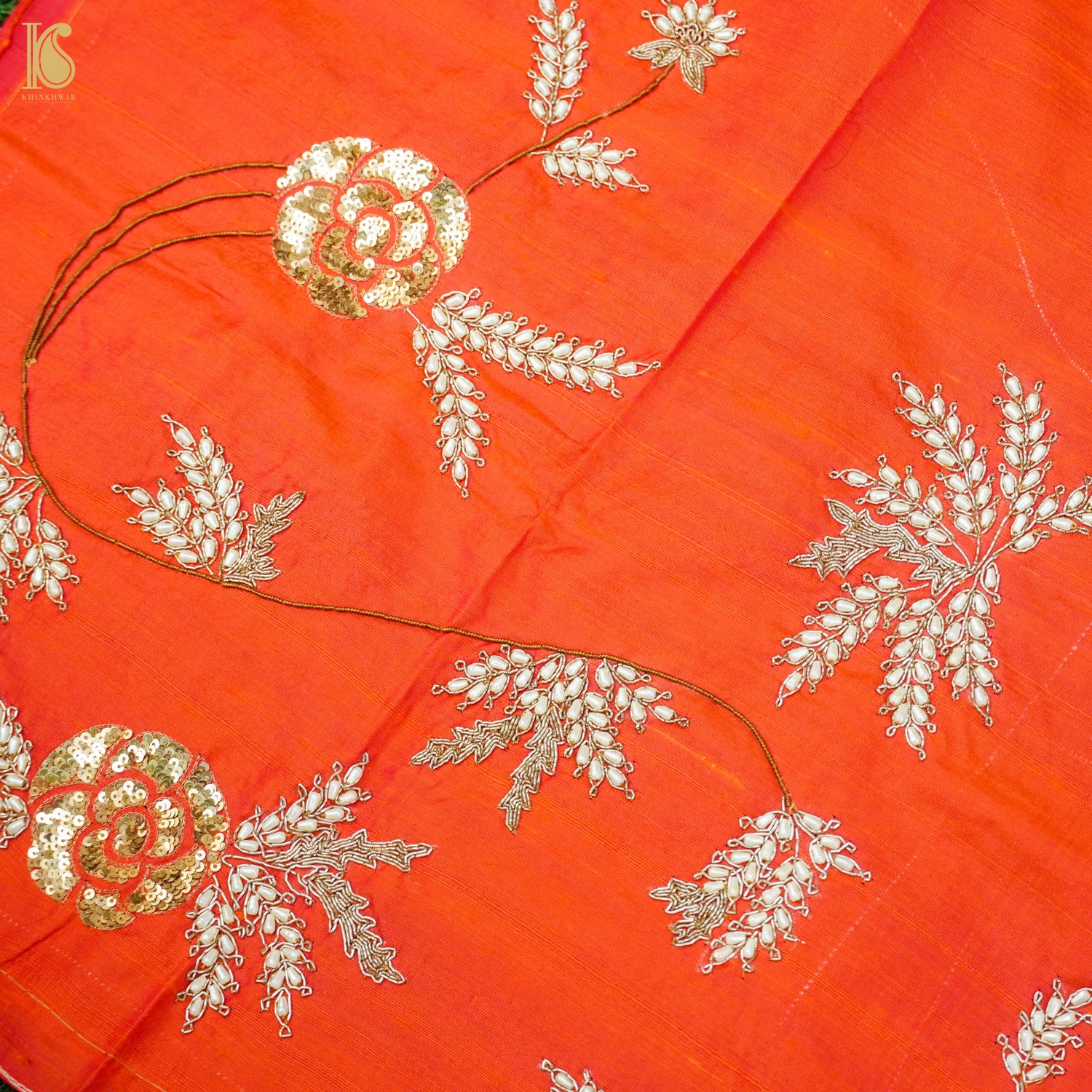 Hand Embroidered Pure Raw Silk Orange Blouse Fabric - Khinkhwab