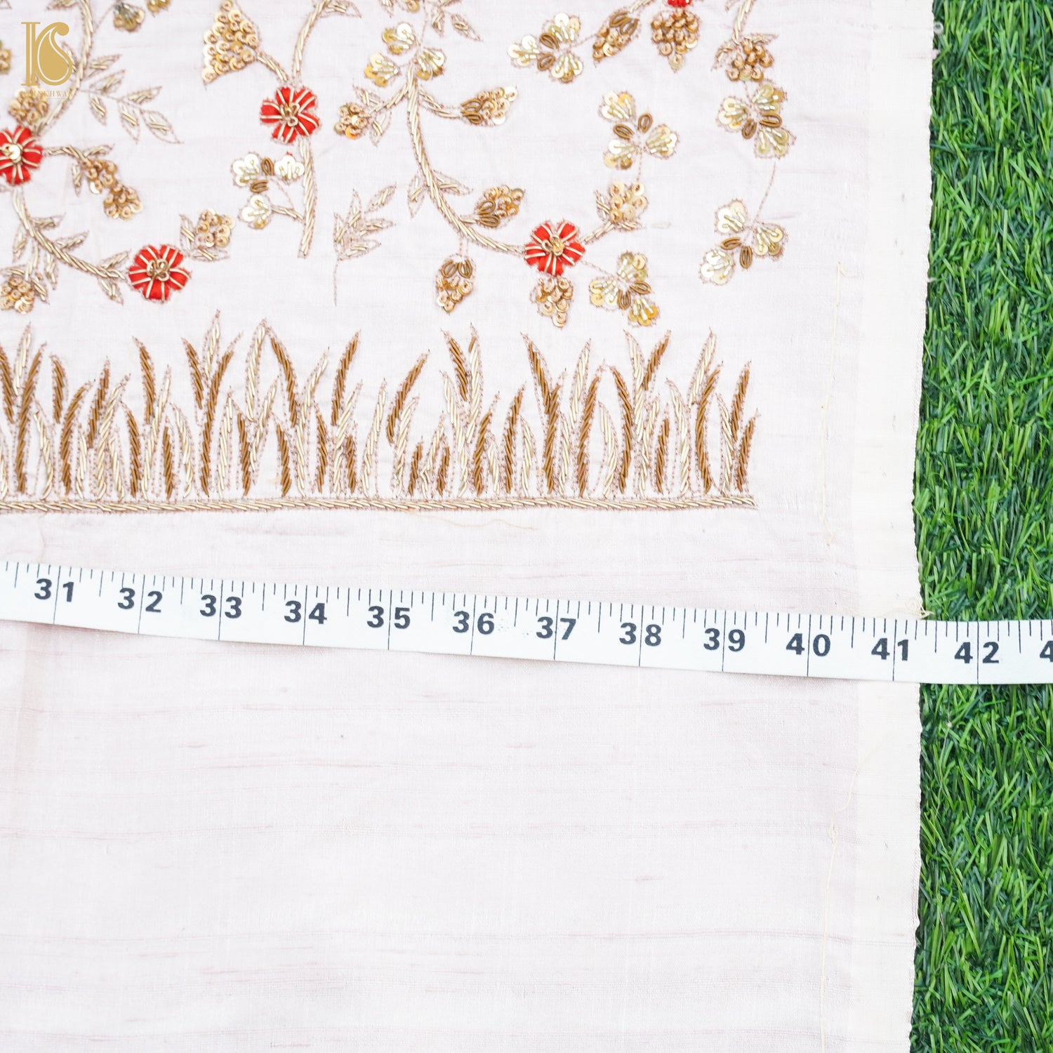 Hand Embroidered Pure Raw Silk Prim White Blouse Fabric - Khinkhwab