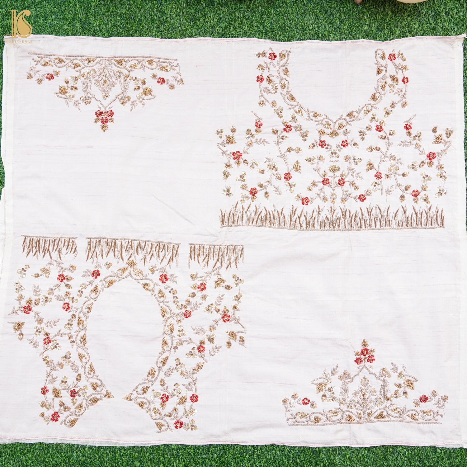 Hand Embroidered Pure Raw Silk Prim White Blouse Fabric - Khinkhwab