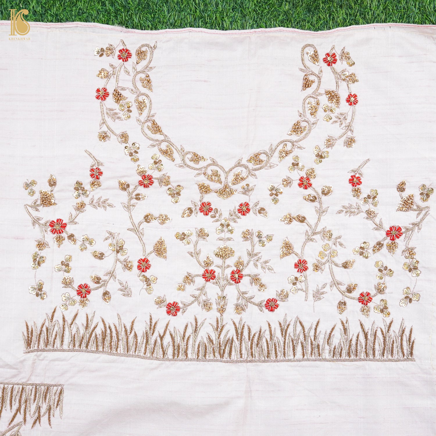 Hand Embroidered Pure Raw Silk Prim White Blouse Fabric - Khinkhwab