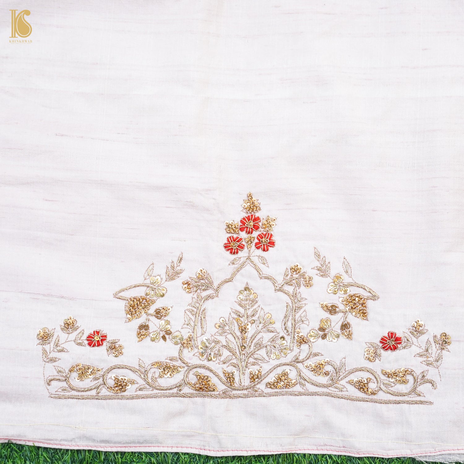 Hand Embroidered Pure Raw Silk Prim White Blouse Fabric - Khinkhwab