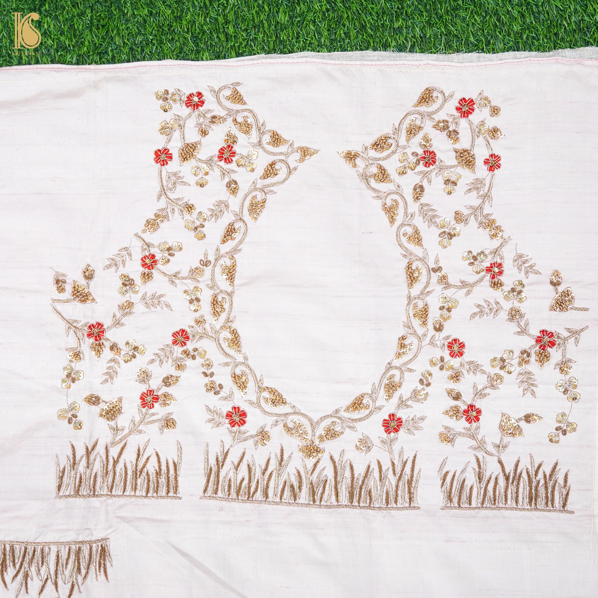Hand Embroidered Pure Raw Silk Prim White Blouse Fabric - Khinkhwab