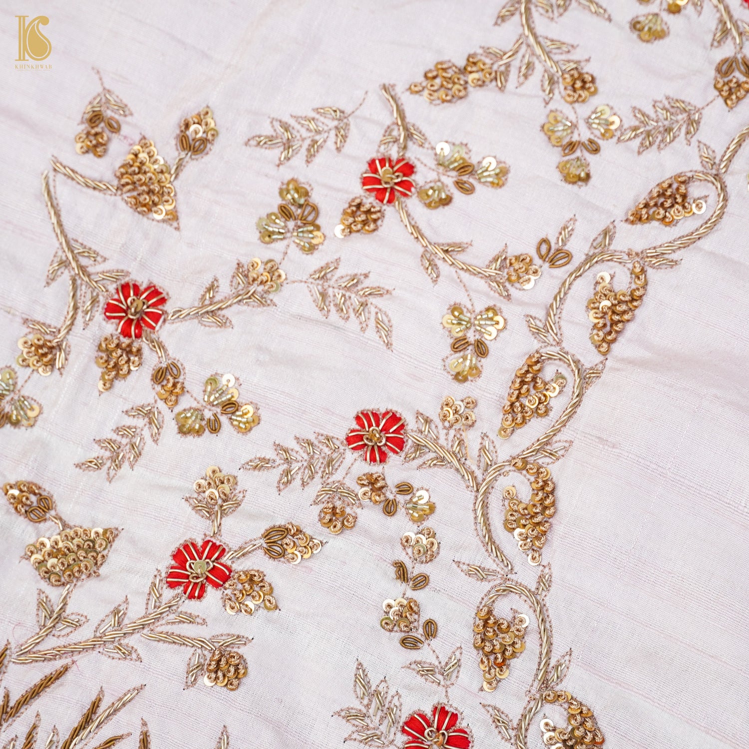 Hand Embroidered Pure Raw Silk Prim White Blouse Fabric - Khinkhwab