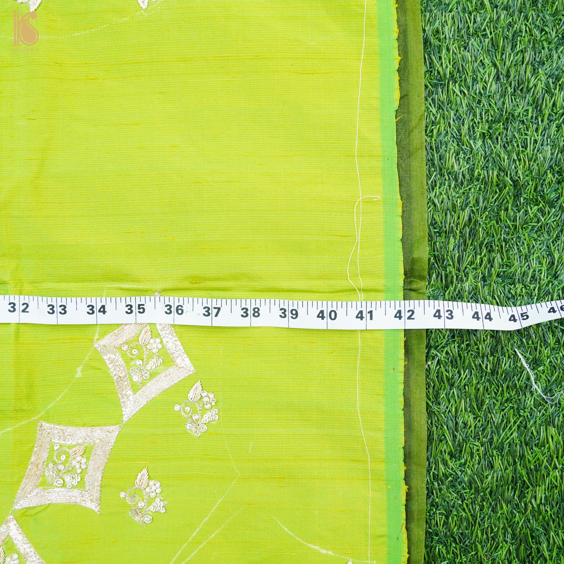 Hand Embroidered Pure Raw Silk La Rioja Green Blouse Fabric - Khinkhwab
